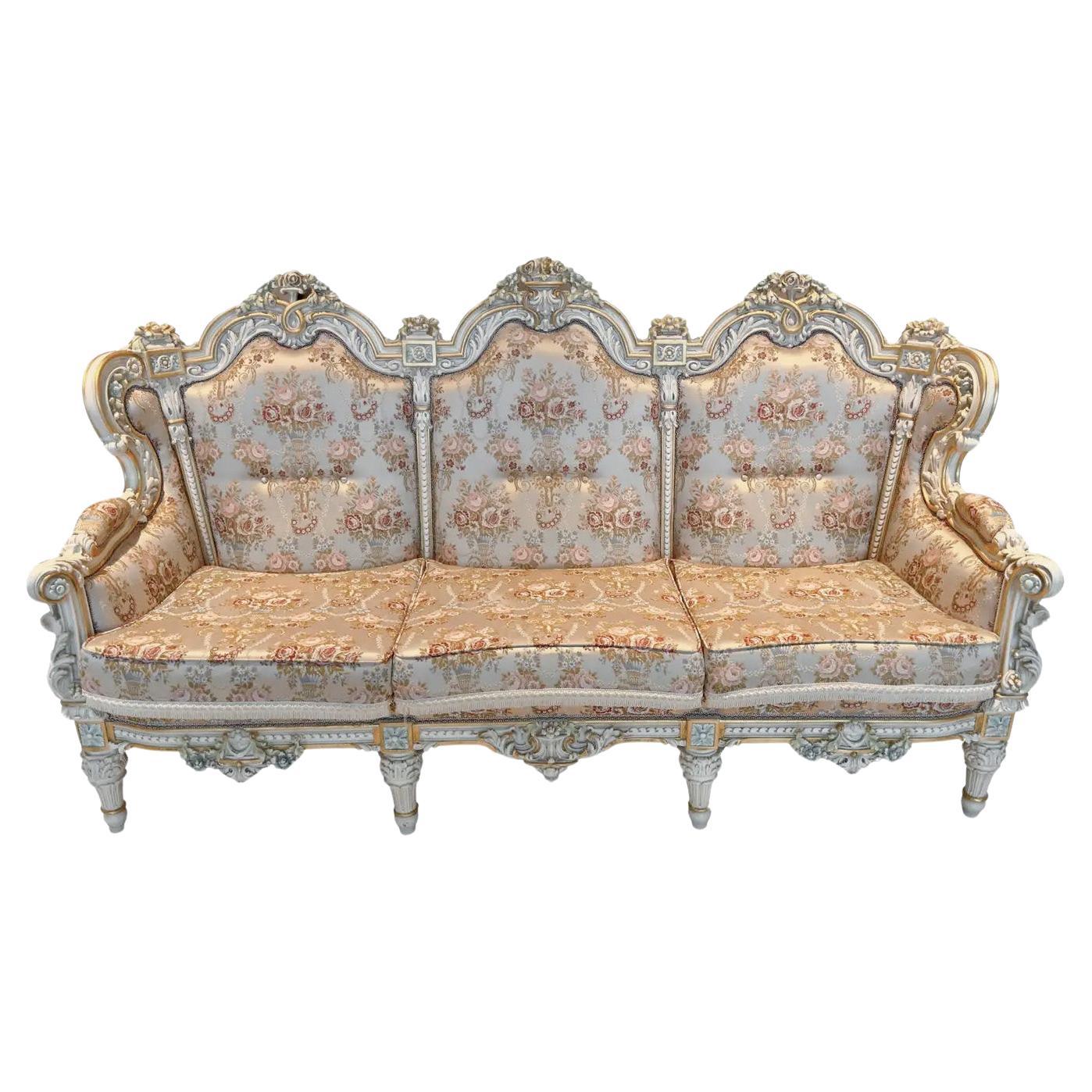 Italian Neoclassical Baroque Style Sofa with fine floral silk upholstery 