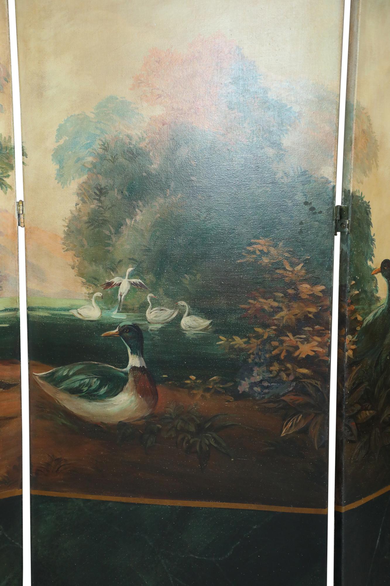 Painted Italian Neoclassical Bird and Garden Vignette Folding Screen For Sale