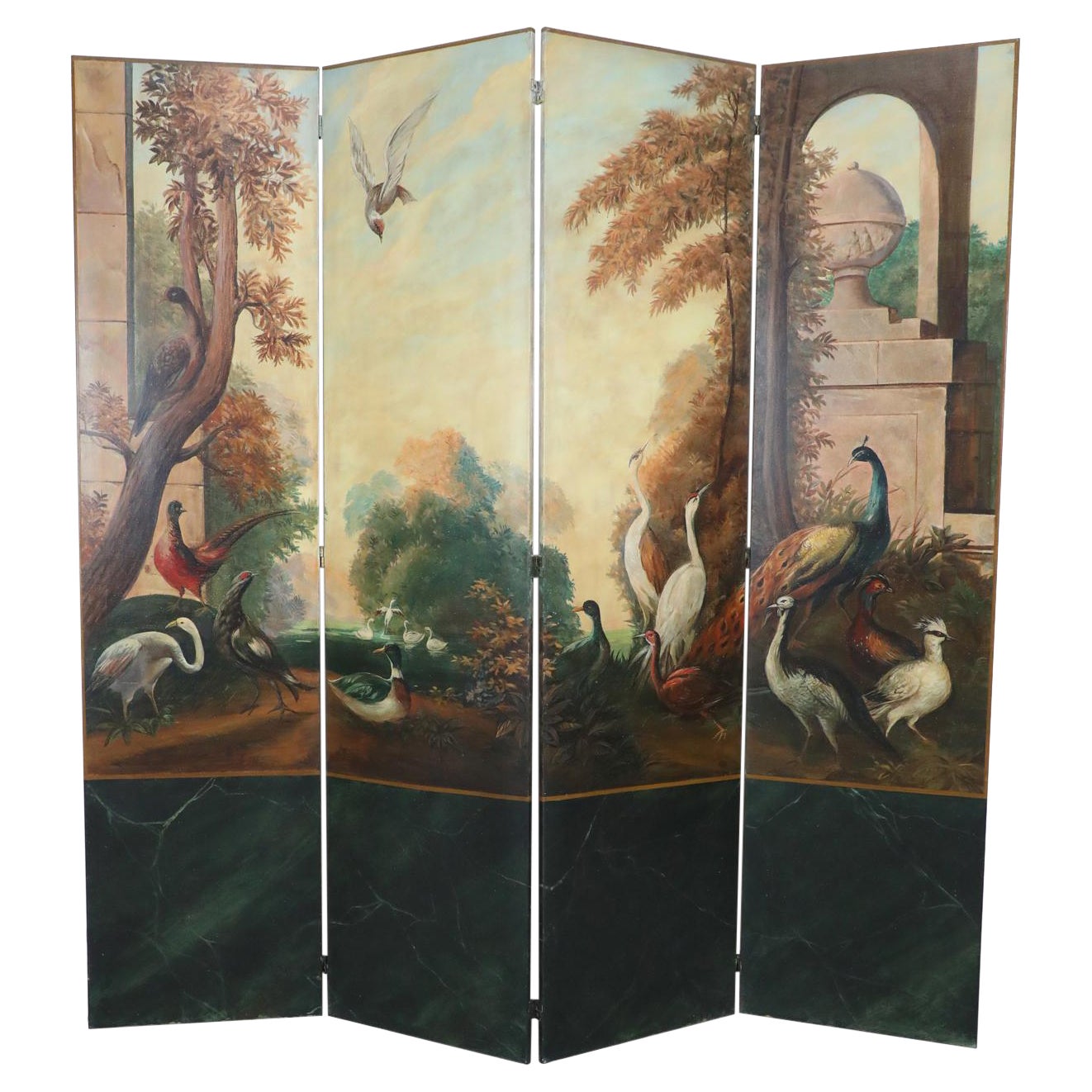 Italian Neoclassical Bird and Garden Vignette Folding Screen