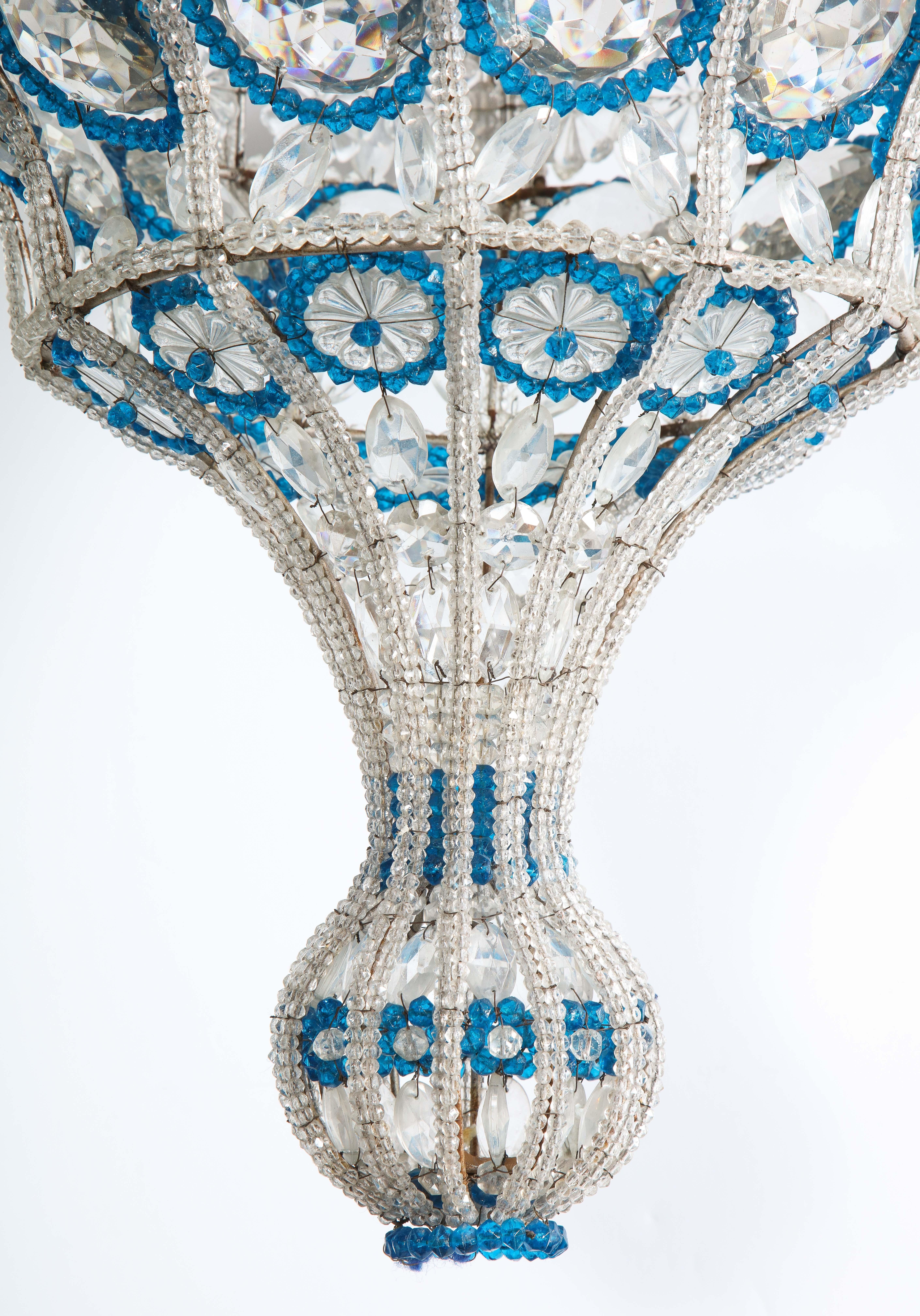 Italian Neoclassical Blue and Clear Cut Glass Beaded Chandelier 1