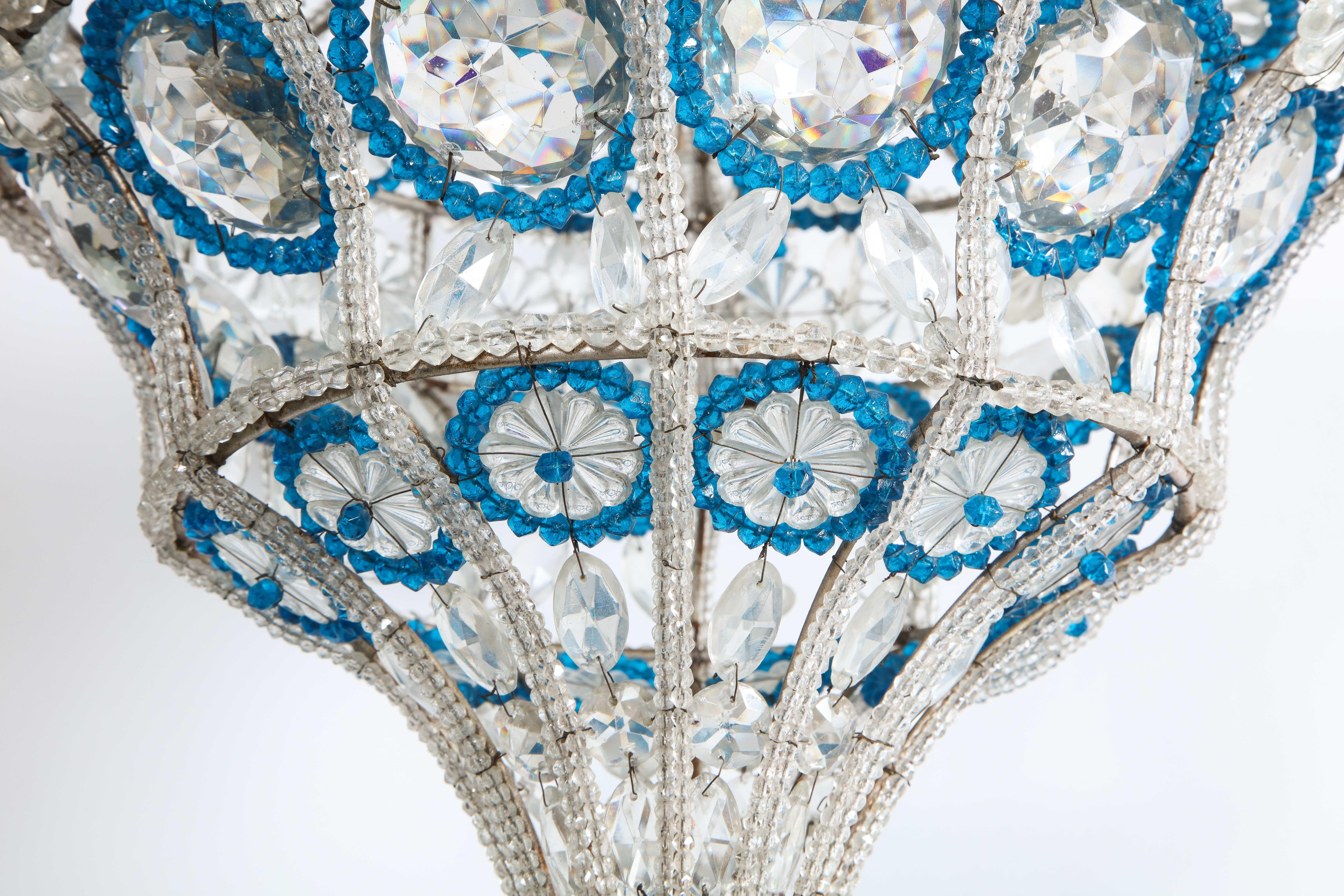 Italian Neoclassical Blue and Clear Cut Glass Beaded Chandelier 2