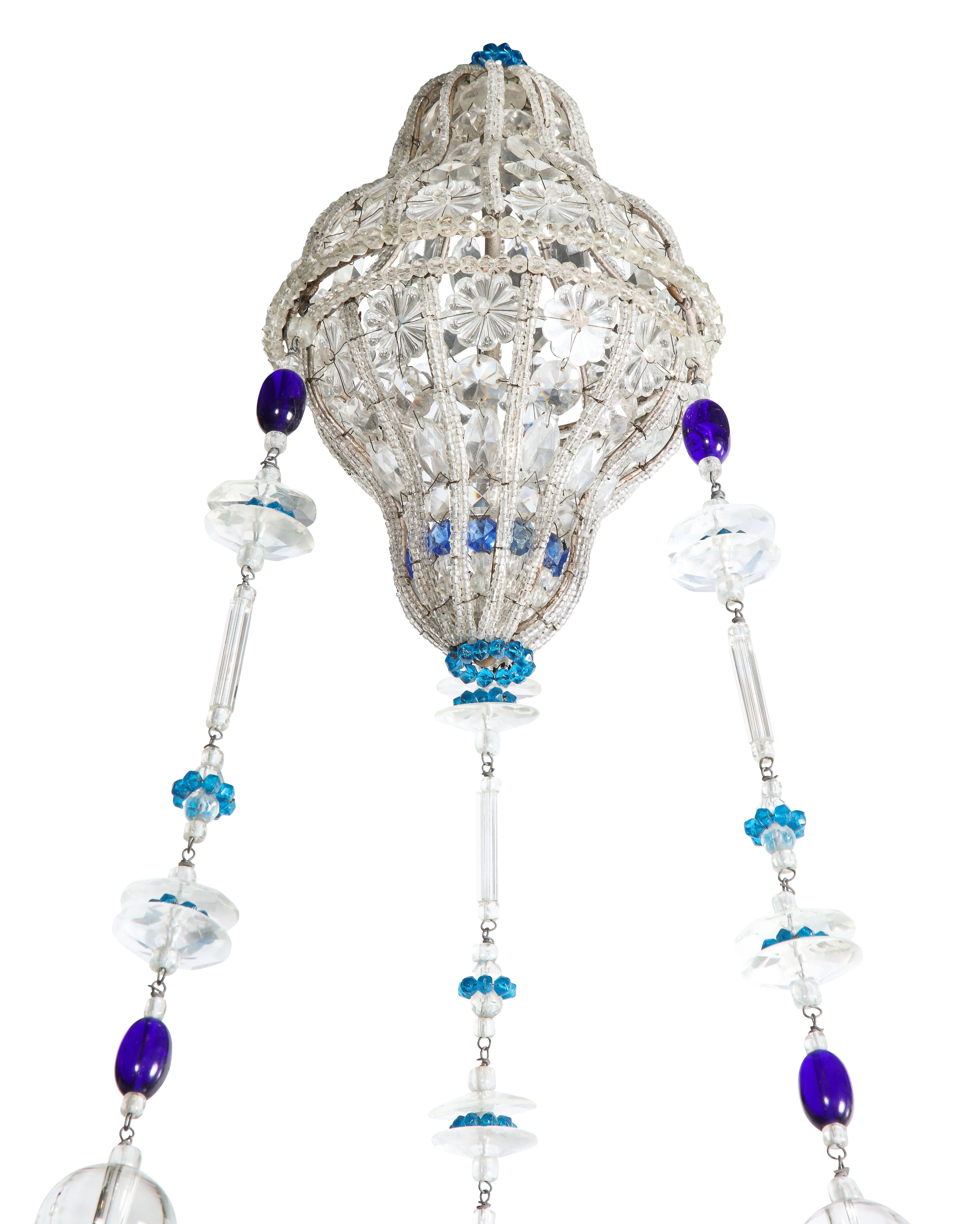 Italian Neoclassical Blue and Clear Cut Glass Beaded Chandelier 3