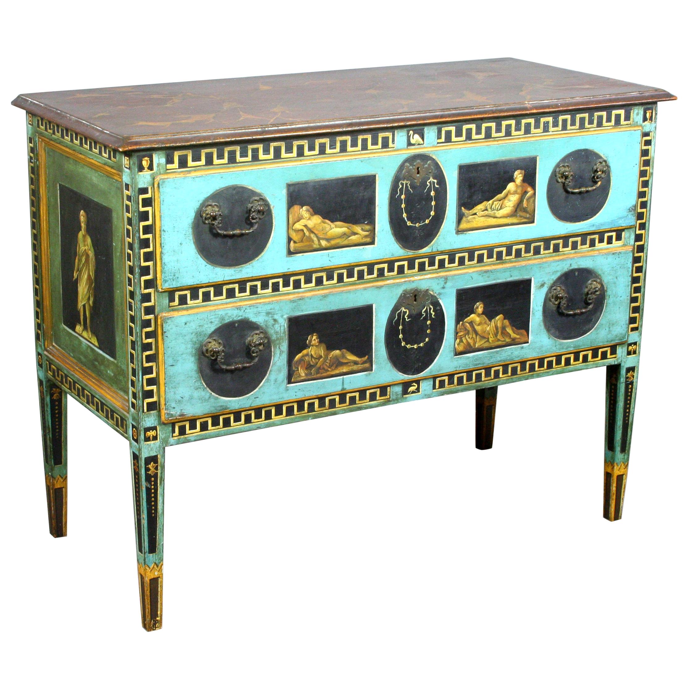 Italian Neoclassical Blue Hand Painted Two-Drawer Chest, Late 19th Century