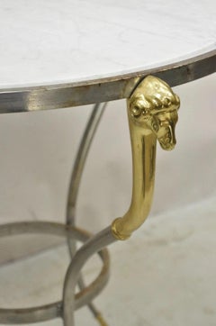 Italian Neoclassical Brass Rams Head Round Marble Steel Gueridon Side Table
