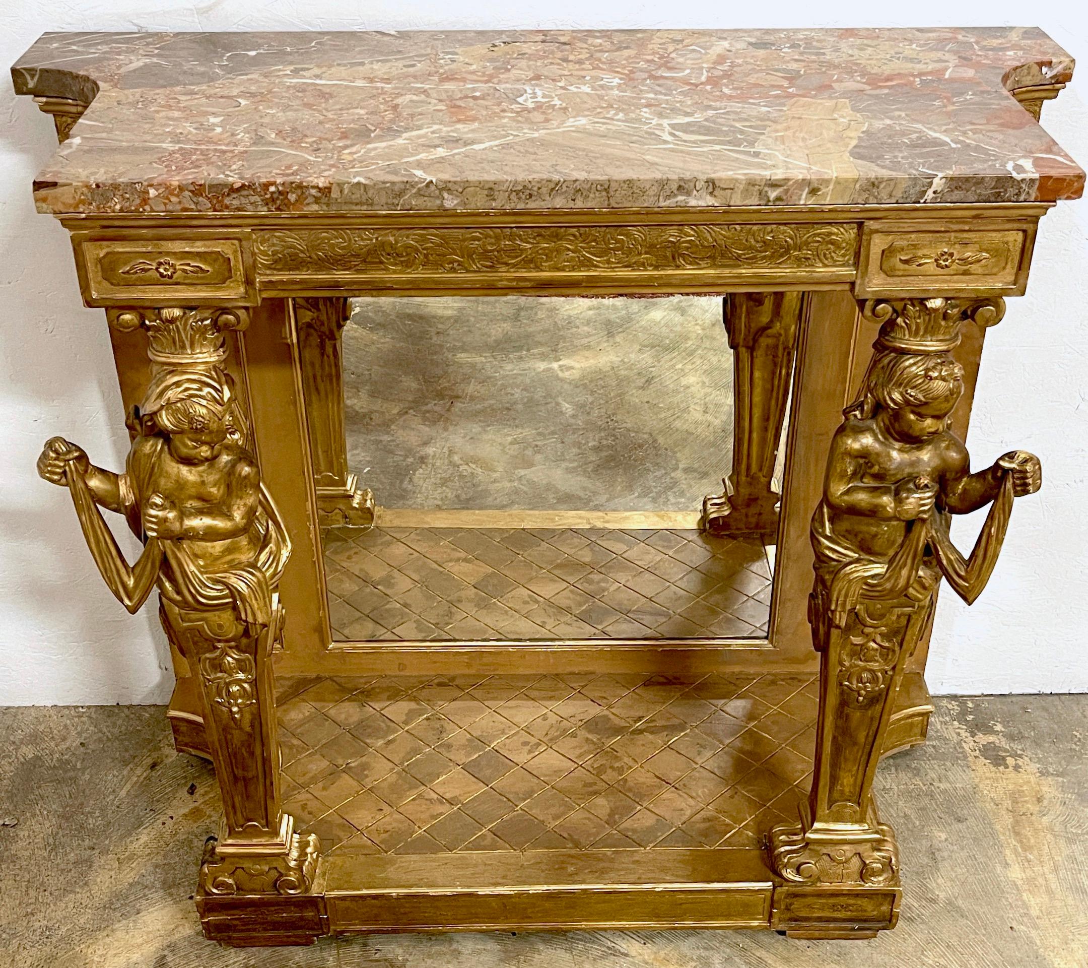 Italian Neoclassical Breccia Viola Marble & Giltwood Figural Console 
Italy, Mid-19th Century 

Of good size, this is an excellent example of 19th century Neapolitan furniture. The top fitted with a specimen carved and canted Breccia Viola marble