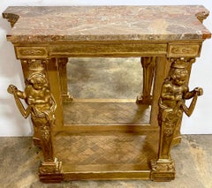 Italian Neoclassical Breccia Viola Marble & Giltwood Figural Console