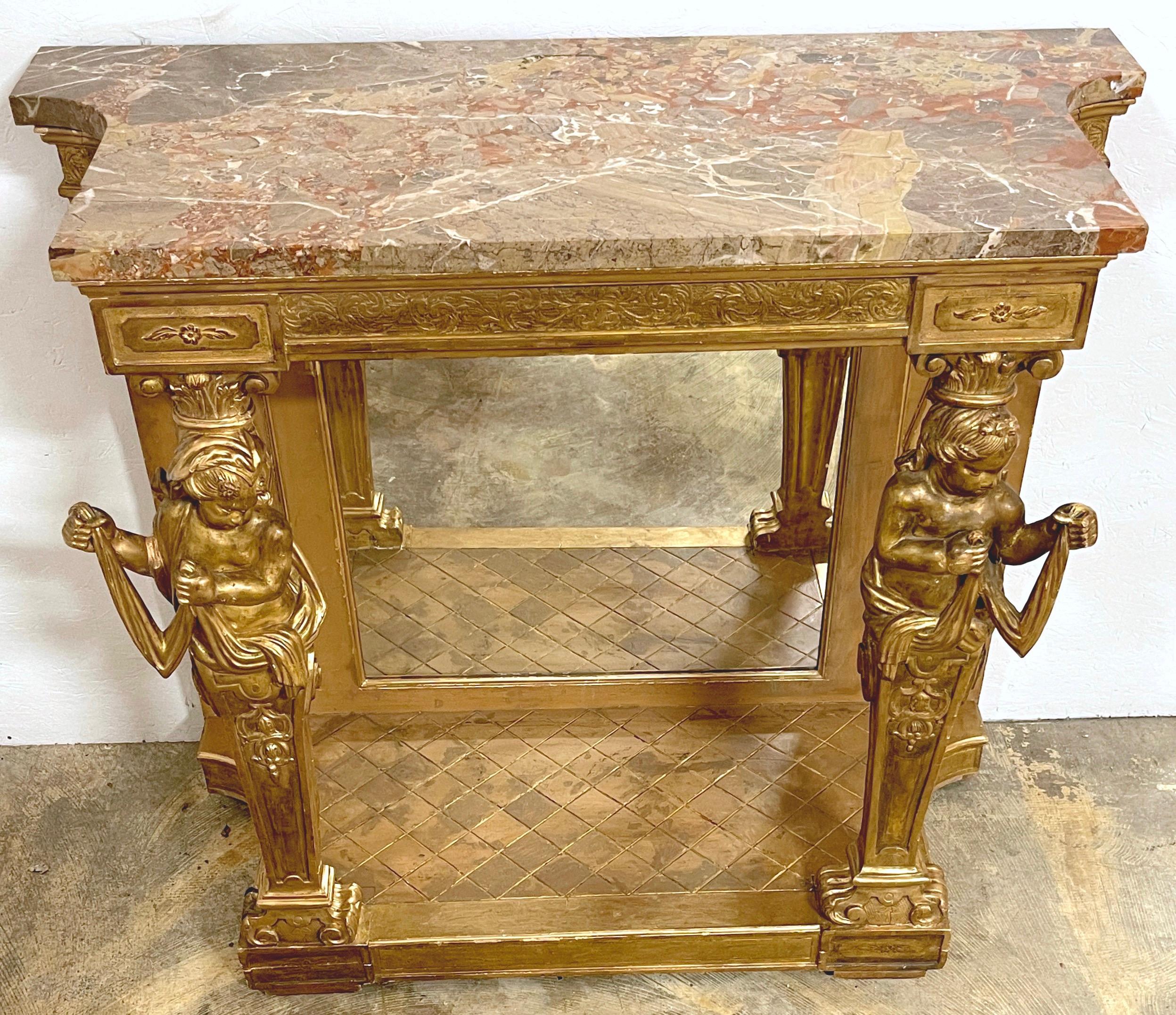 Néoclassique Console néoclassique italienne figurative en marbre de Breccia Viola et bois doré  en vente