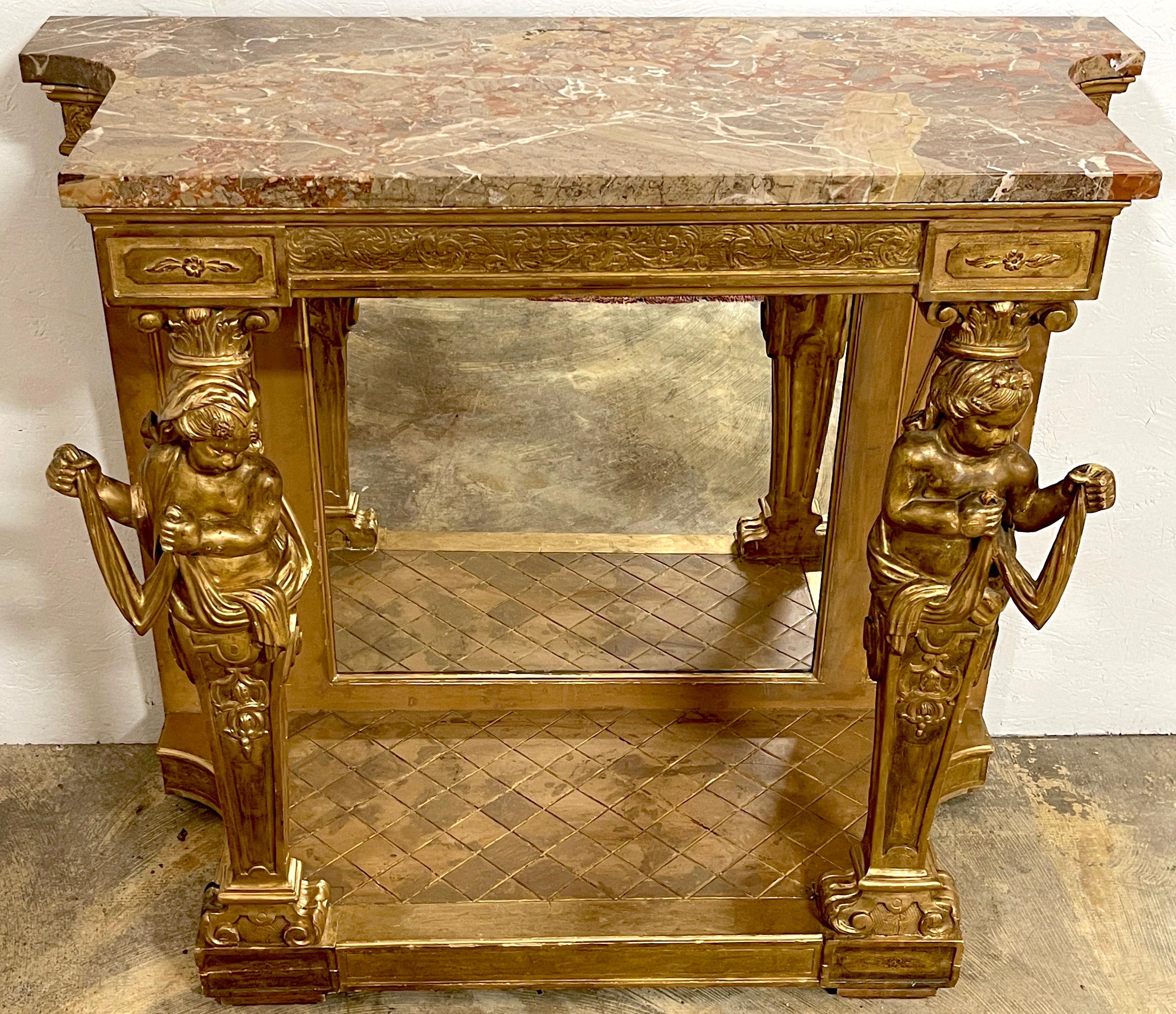 Italian Neoclassical Breccia Viola Marble & Giltwood Figural Console  In Good Condition For Sale In West Palm Beach, FL
