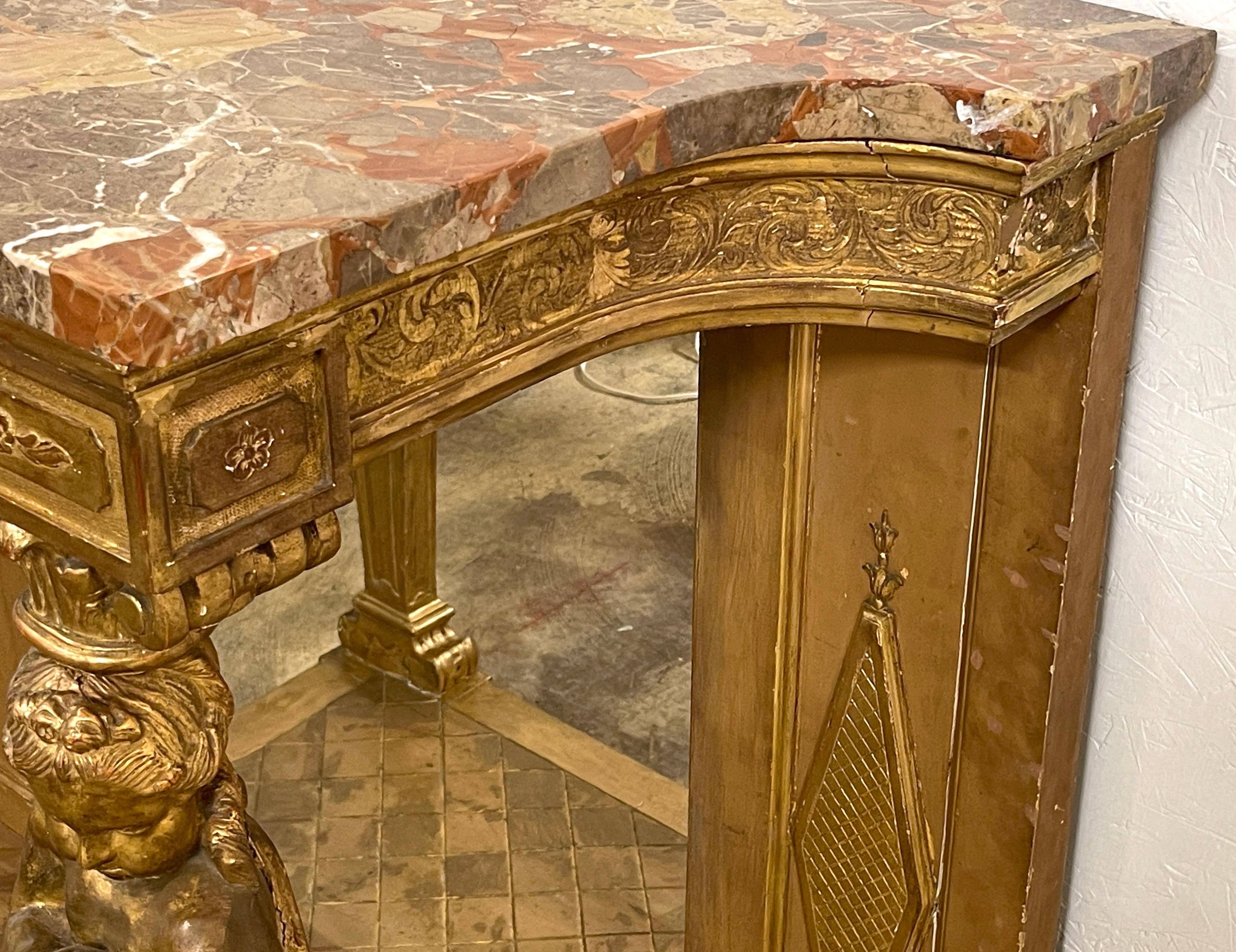 Console néoclassique italienne figurative en marbre de Breccia Viola et bois doré  en vente 1