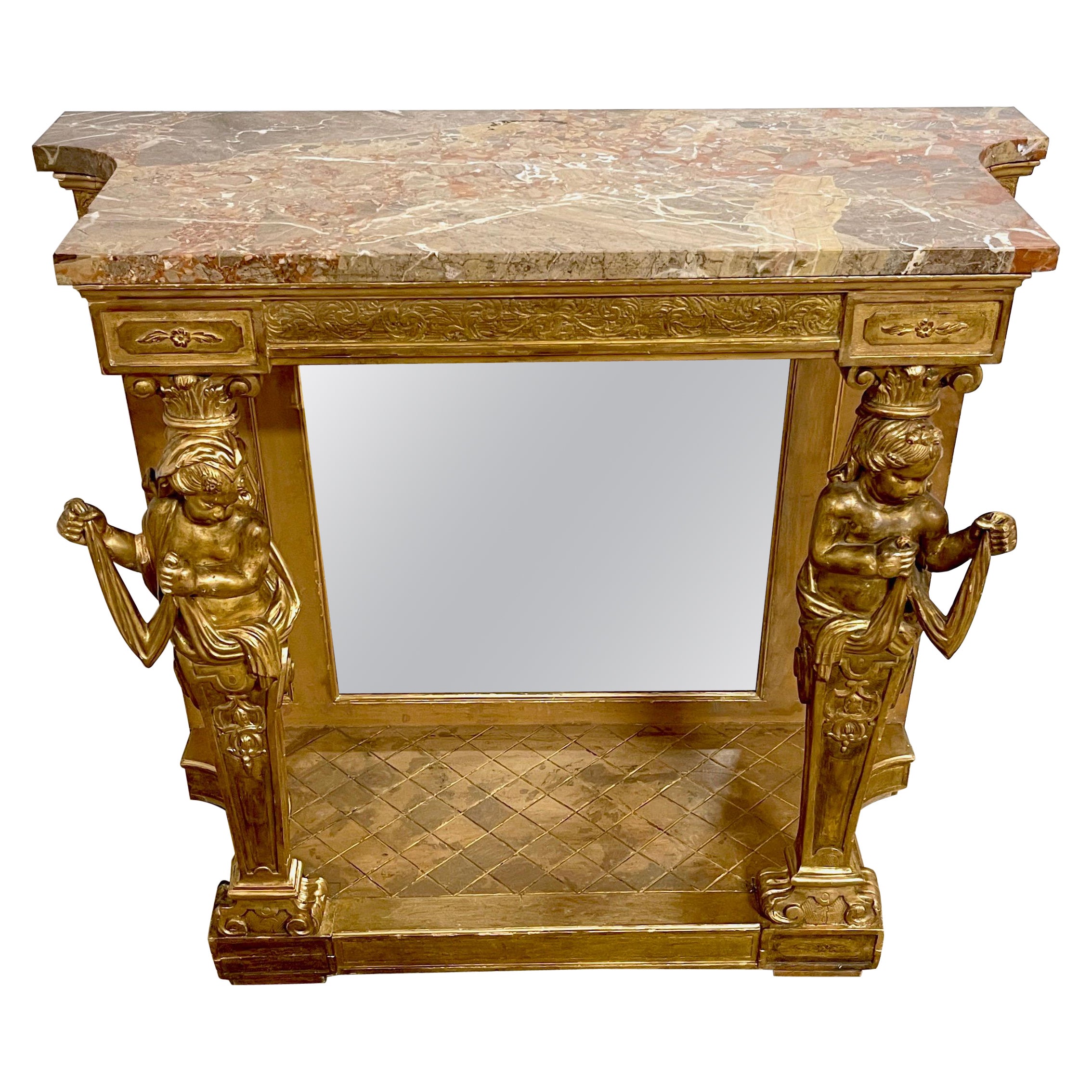 Italian Neoclassical Breccia Viola Marble & Giltwood Figural Console