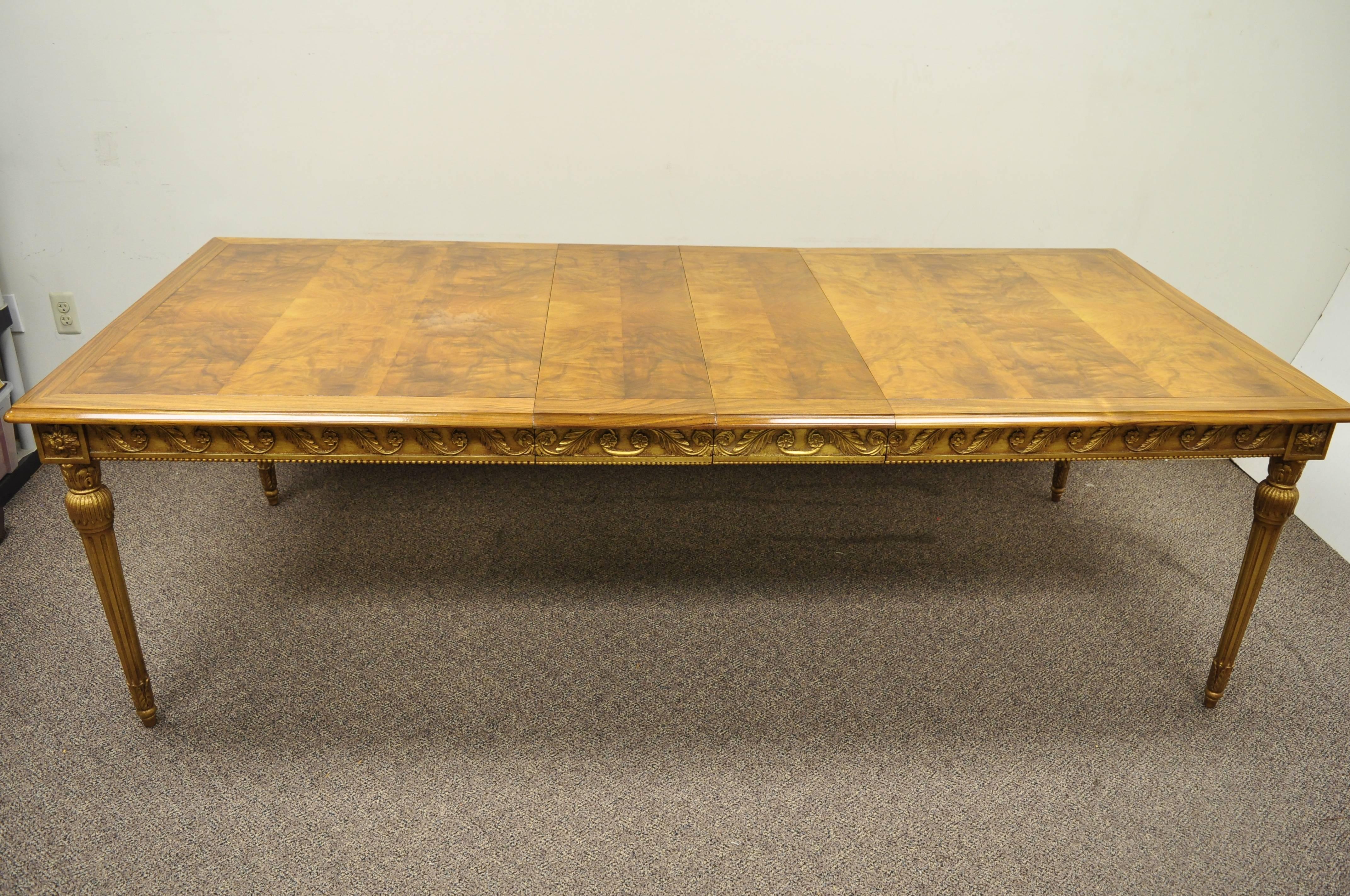 Italian Neoclassical Burl Wood Walnut Gold Giltwood Dining Table with Two Leaves 3