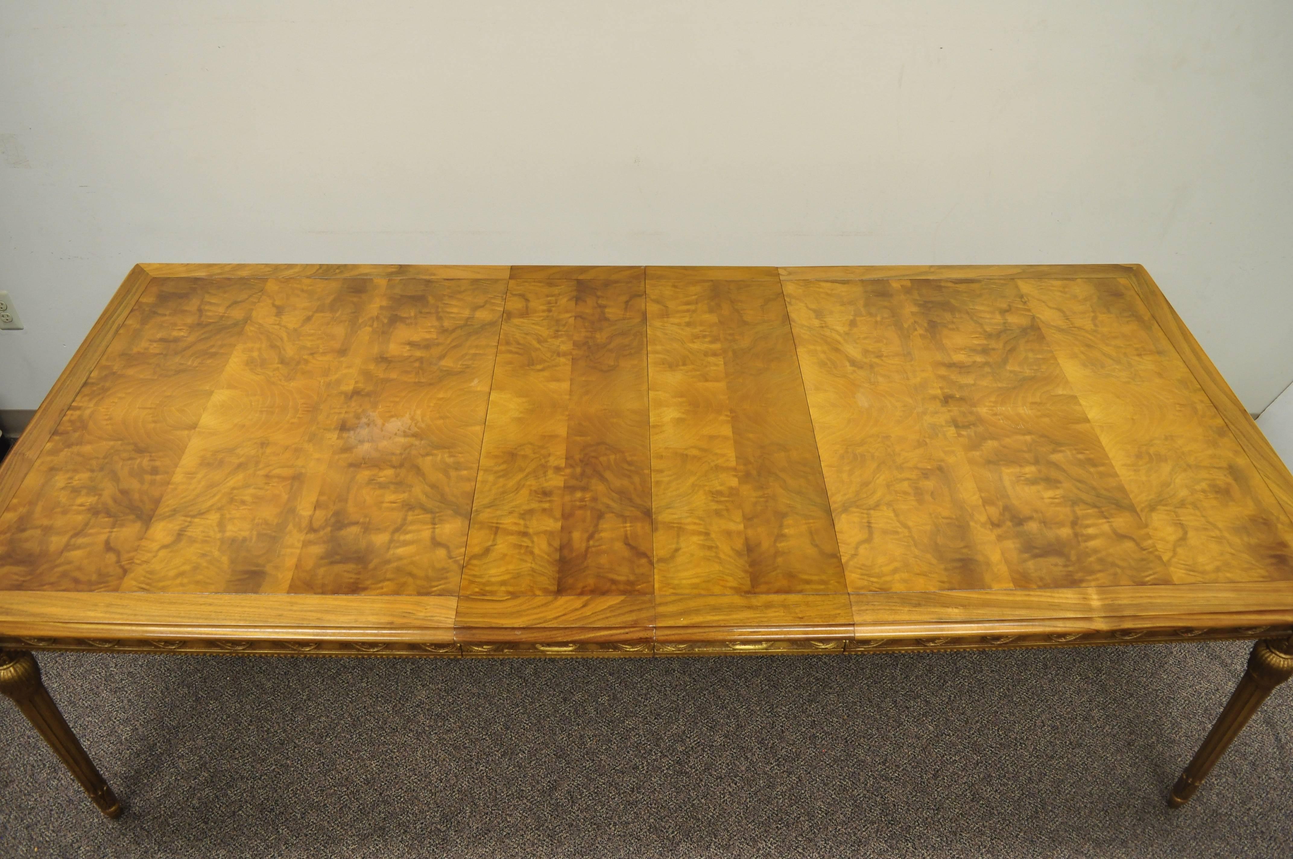 Italian Neoclassical Burl Wood Walnut Gold Giltwood Dining Table with Two Leaves 5
