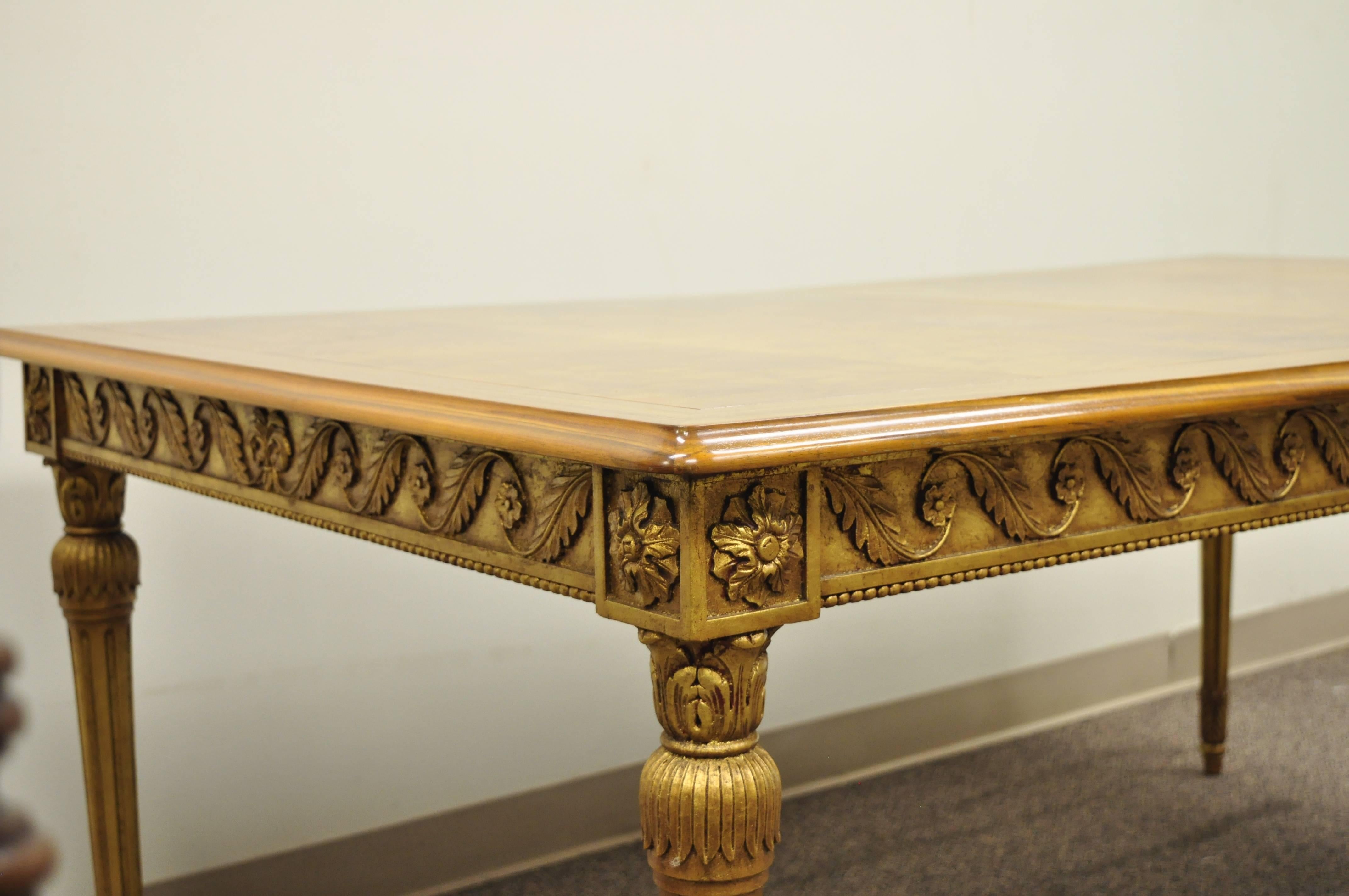 Italian Neoclassical Burl Wood Walnut Gold Giltwood Dining Table with Two Leaves In Good Condition In Philadelphia, PA