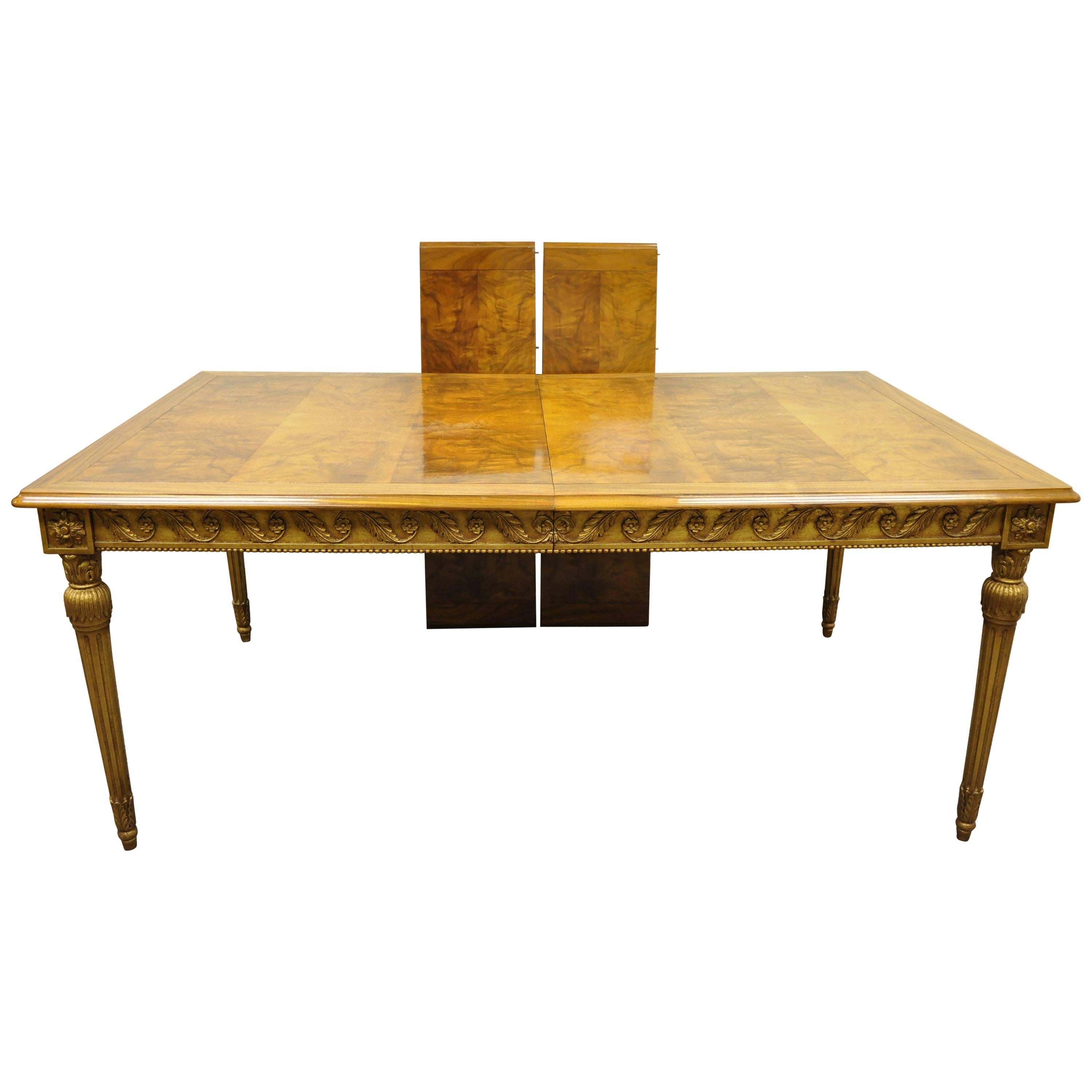 Italian Neoclassical Burl Wood Walnut Gold Giltwood Dining Table with Two Leaves