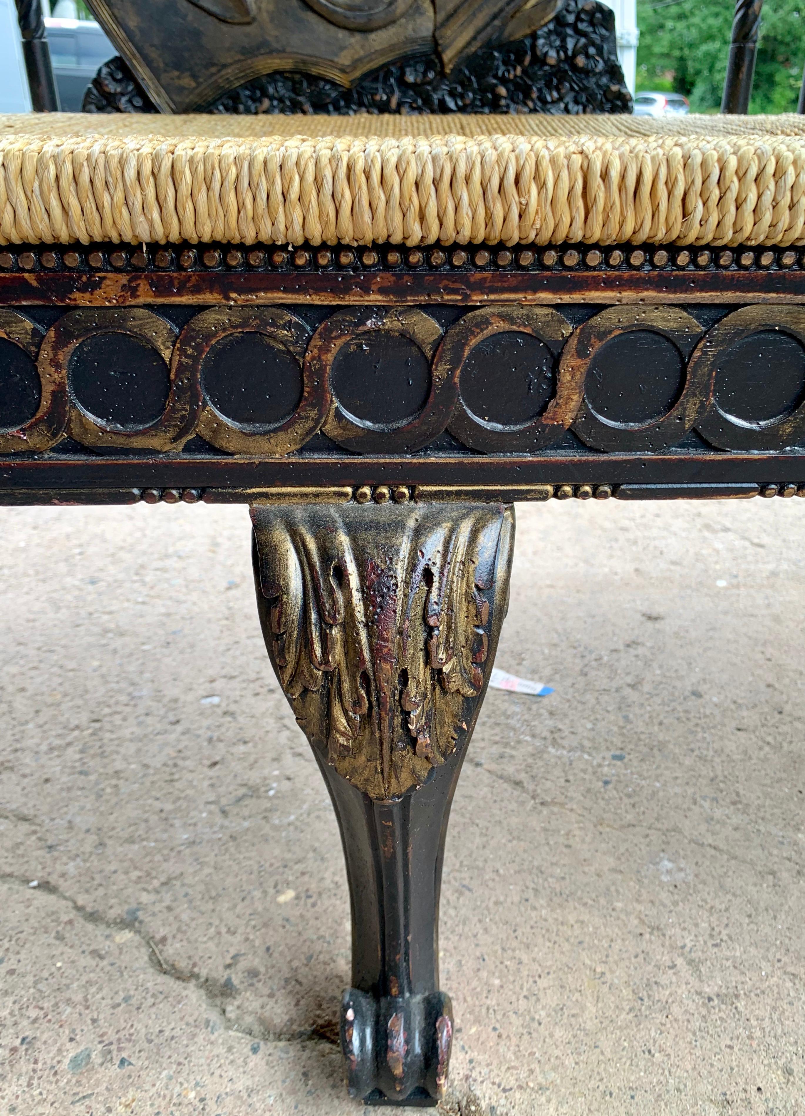 20th Century Italian Neoclassical Carved Black and Gold Settee Bench