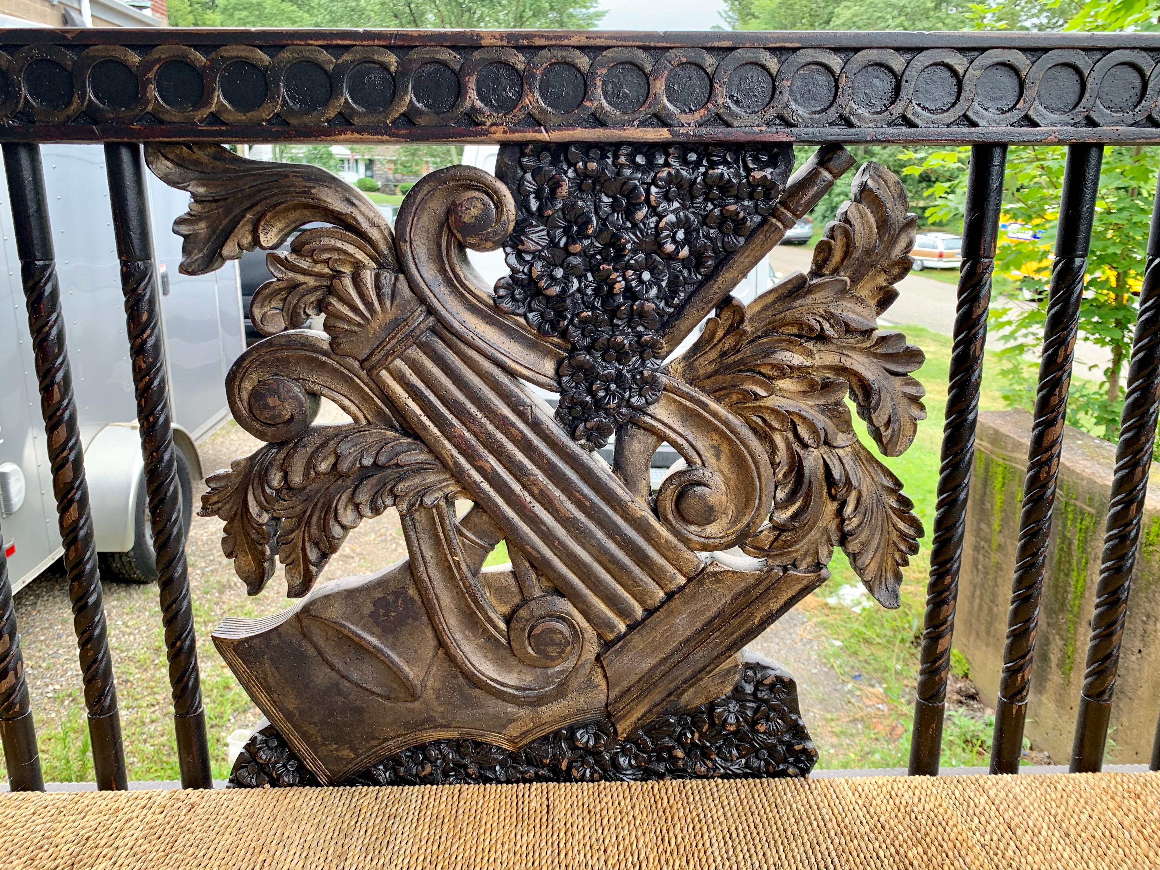 Italian Neoclassical Carved Black and Gold Settee Bench 1