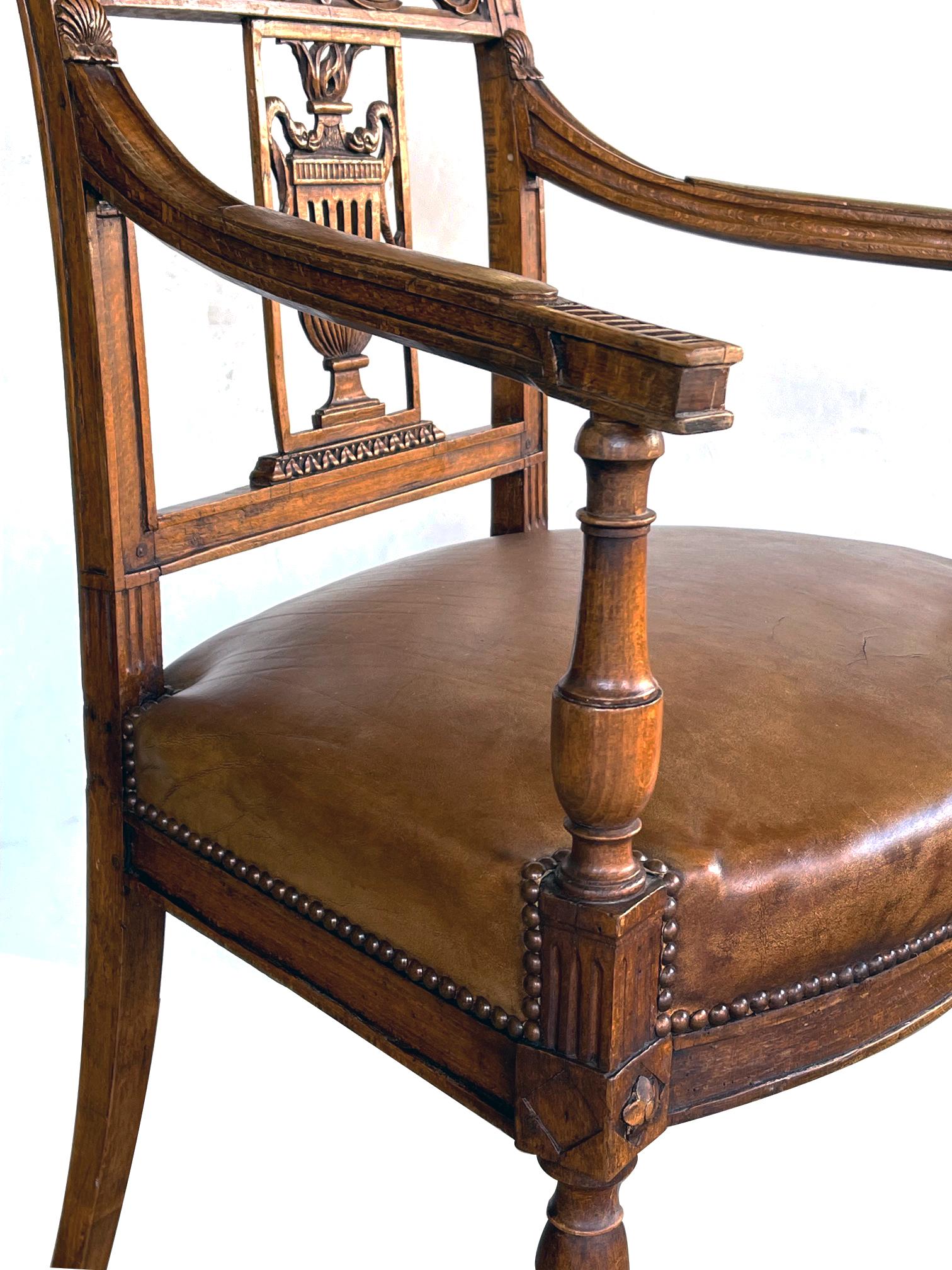 Italian Neoclassical Carved Fruitwood Armchair with Leather Seat In Good Condition For Sale In San Francisco, CA