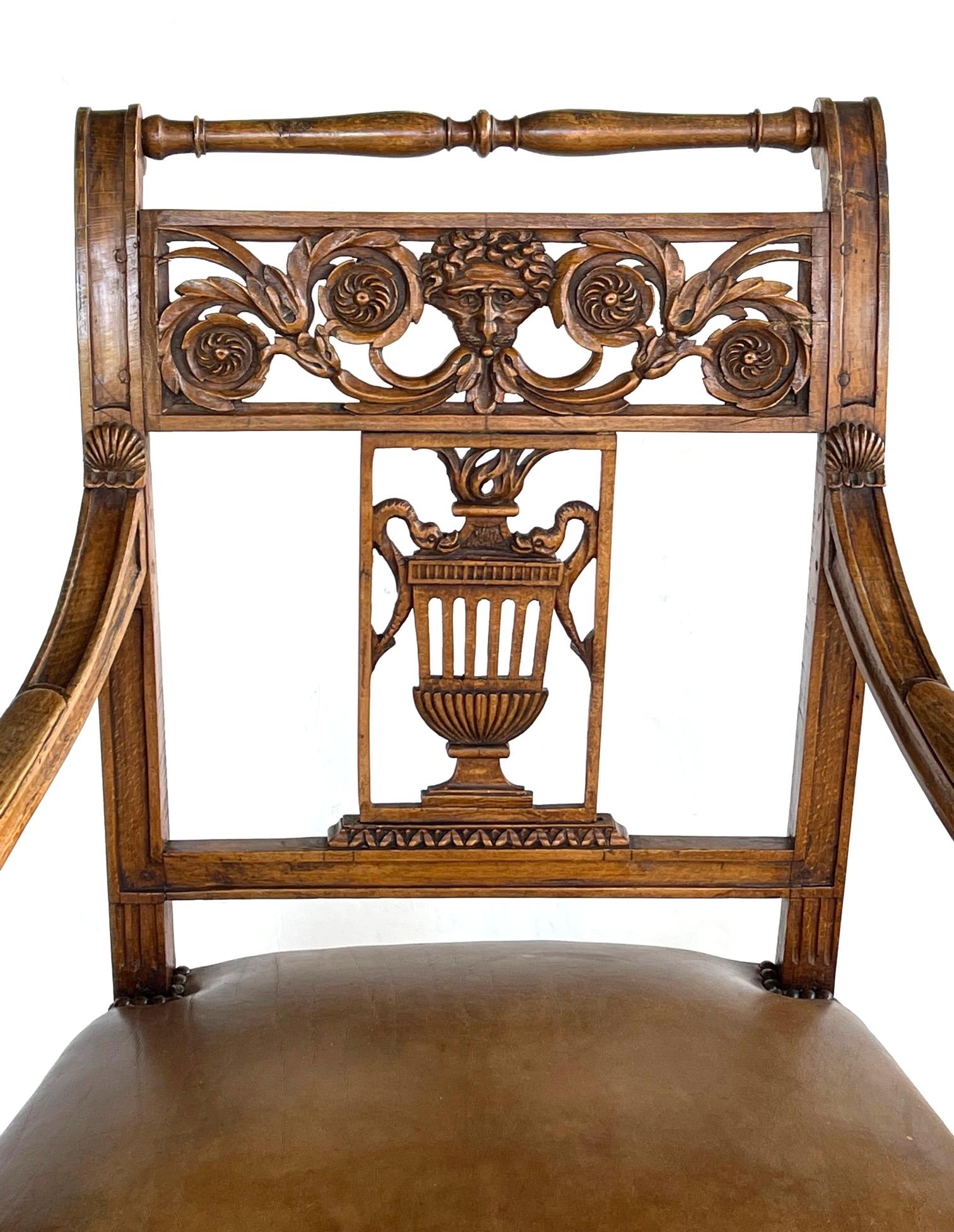Italian Neoclassical Carved Fruitwood Armchair with Leather Seat For Sale 2