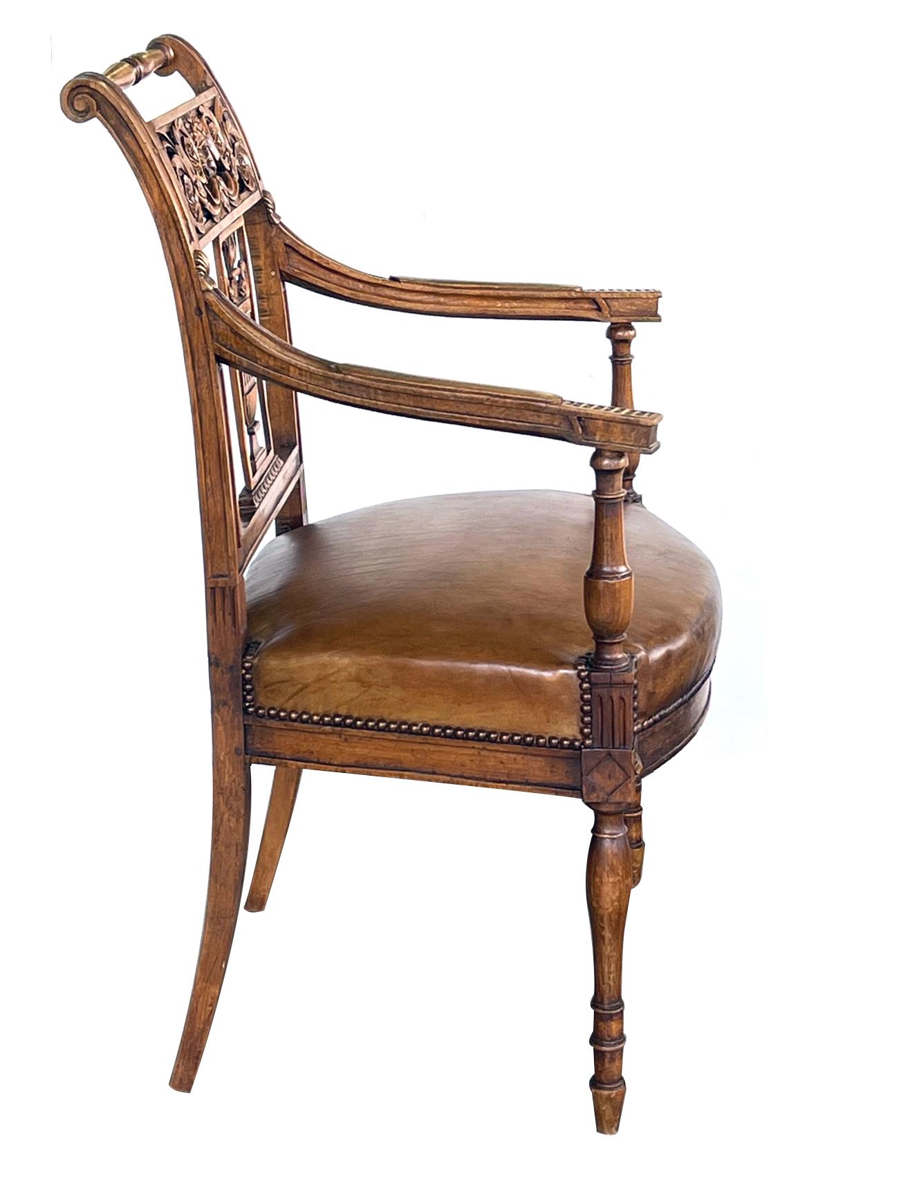 Italian Neoclassical Carved Fruitwood Armchair with Leather Seat For Sale 3