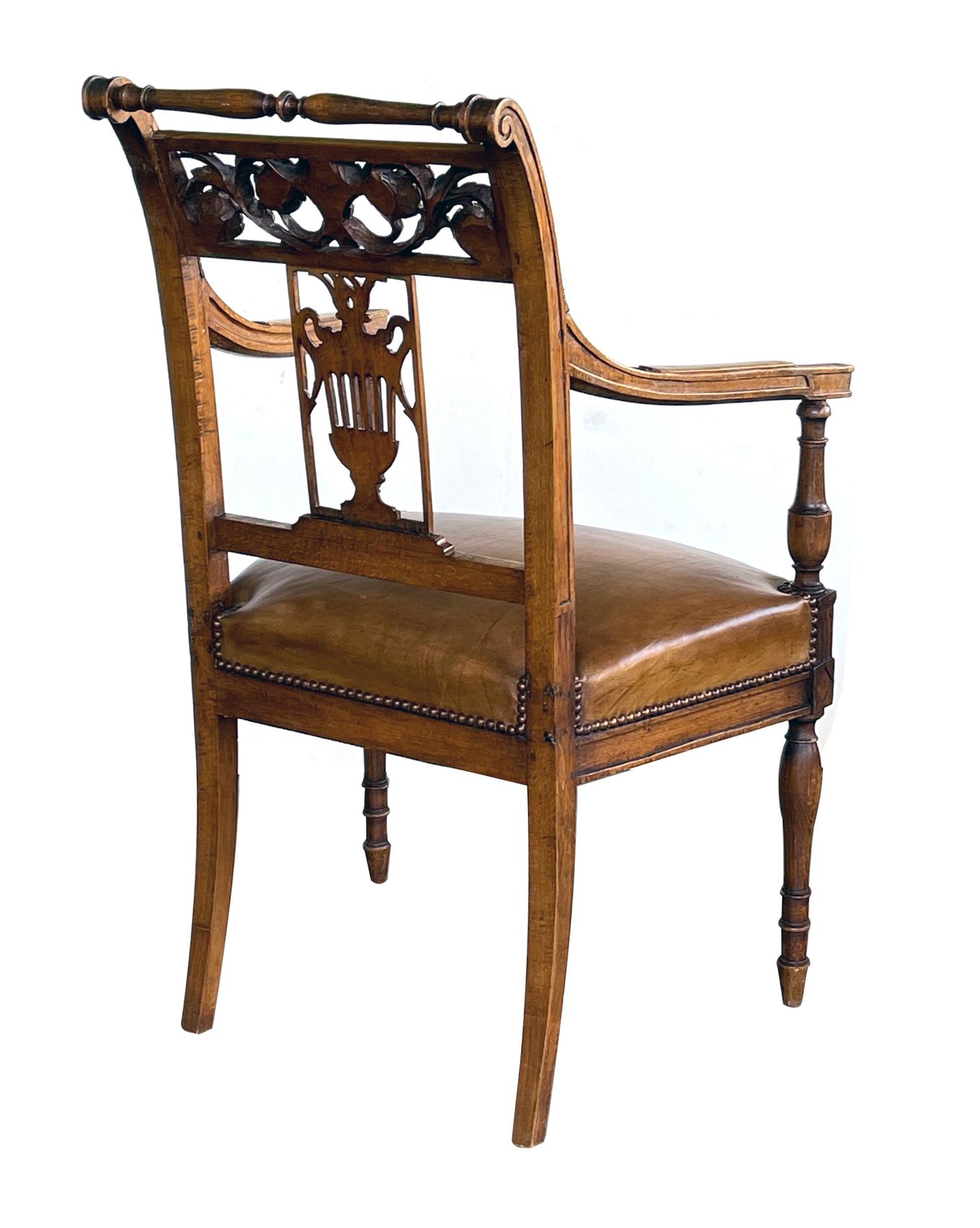 Italian Neoclassical Carved Fruitwood Armchair with Leather Seat For Sale 4