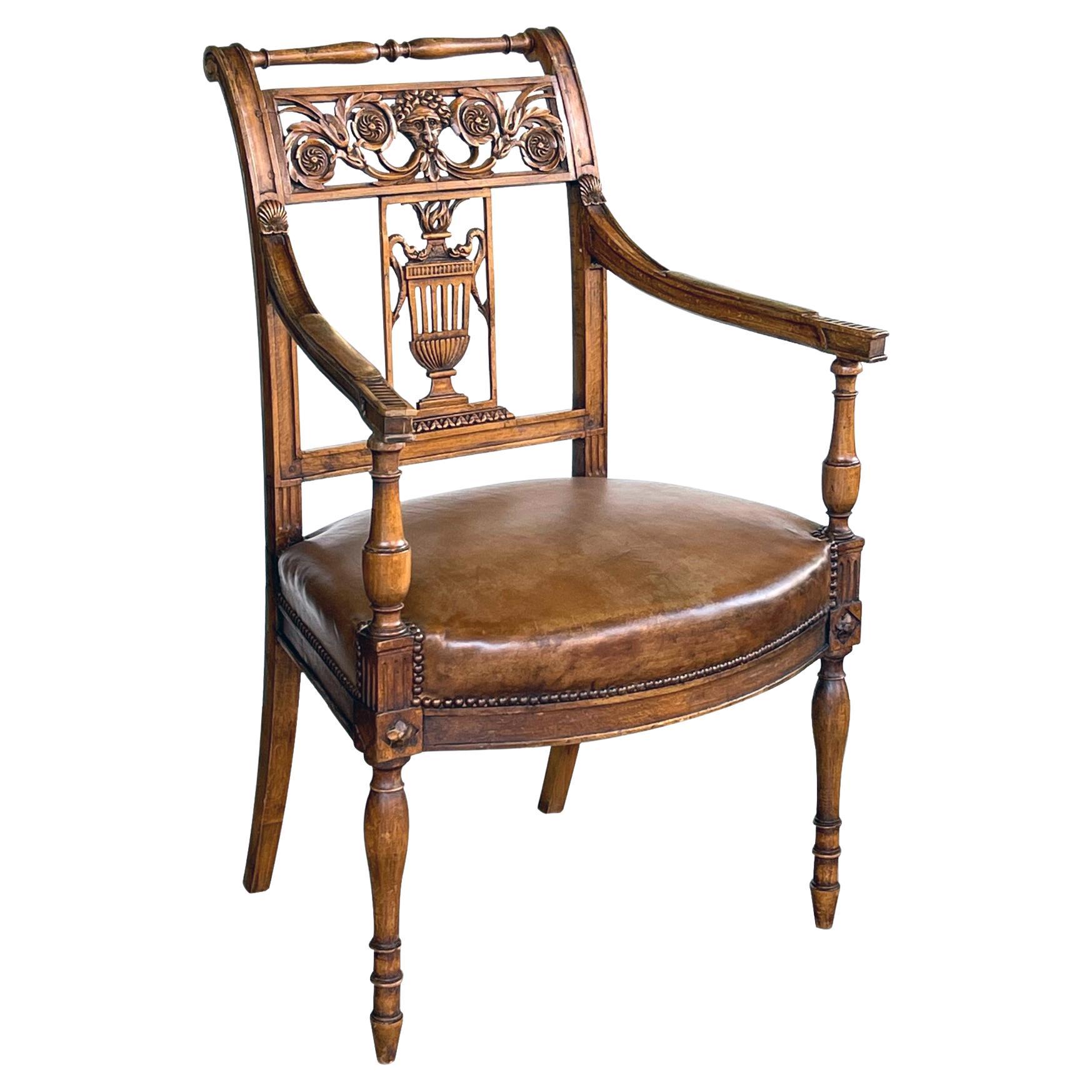 Italian Neoclassical Carved Fruitwood Armchair with Leather Seat For Sale