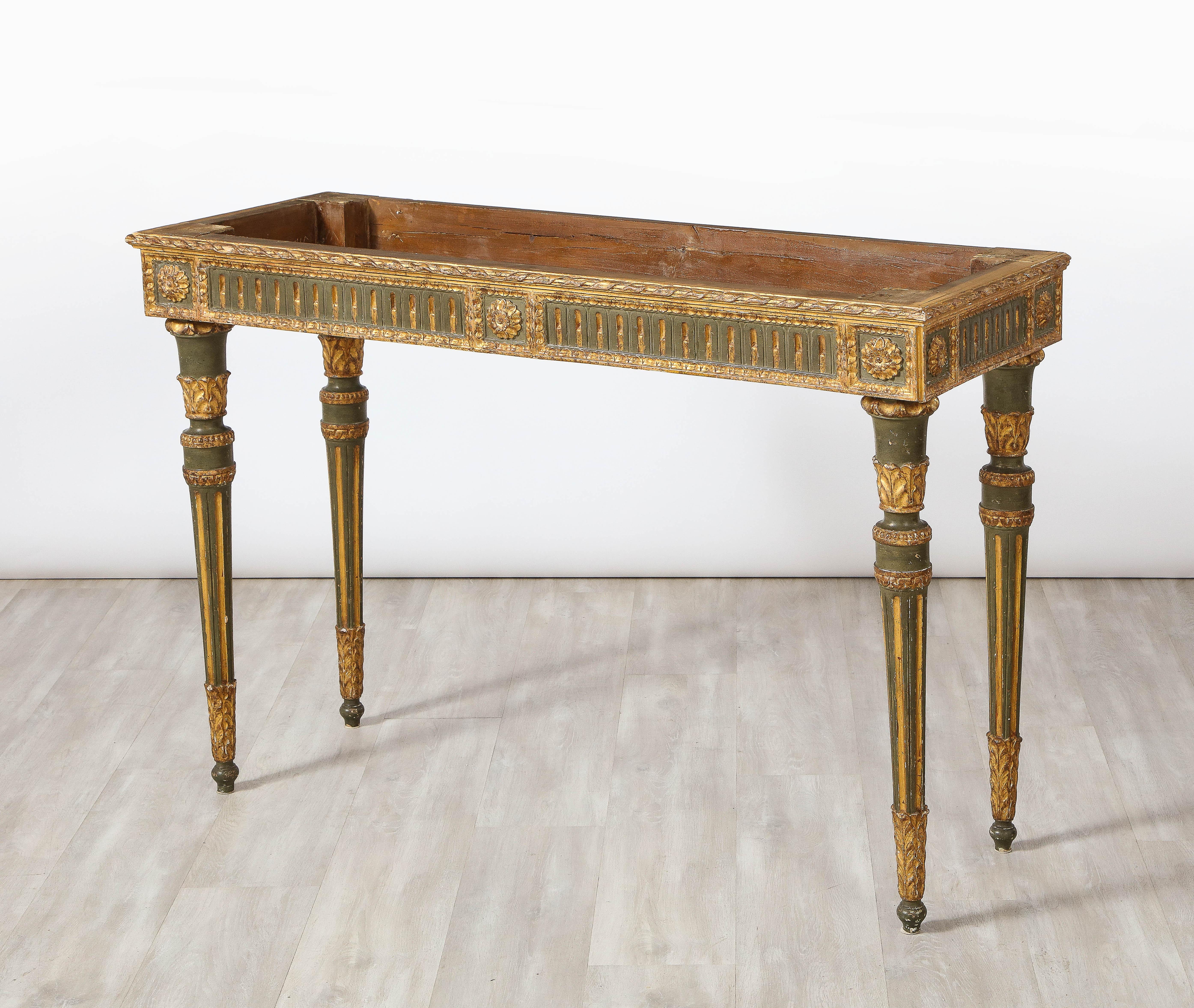 Italian Neoclassical Carved, Painted and Gilded Wood Console, Italy, circa 1790 For Sale 9