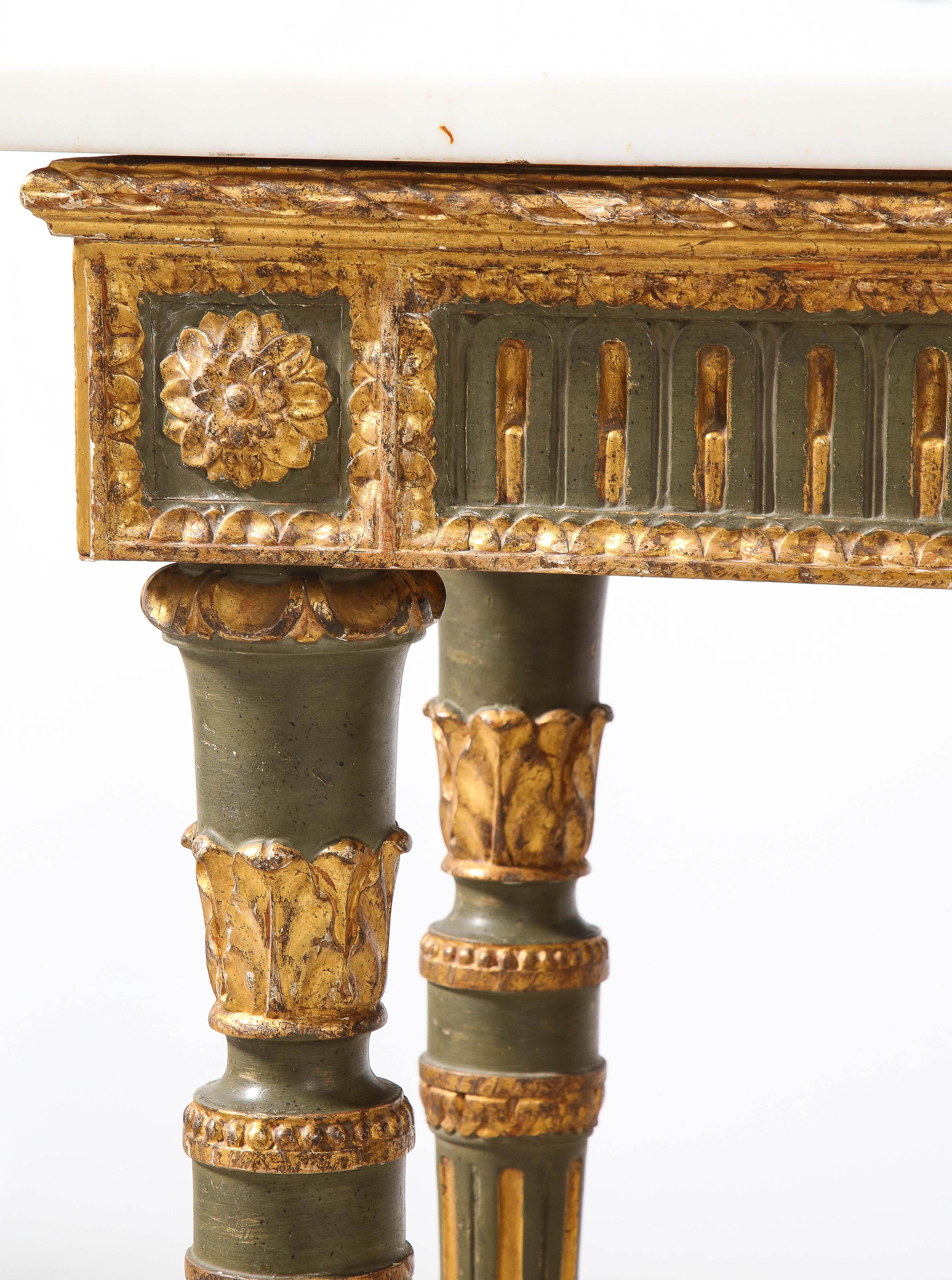 Carrara Marble Italian Neoclassical Carved, Painted and Gilded Wood Console, Italy, circa 1790 For Sale