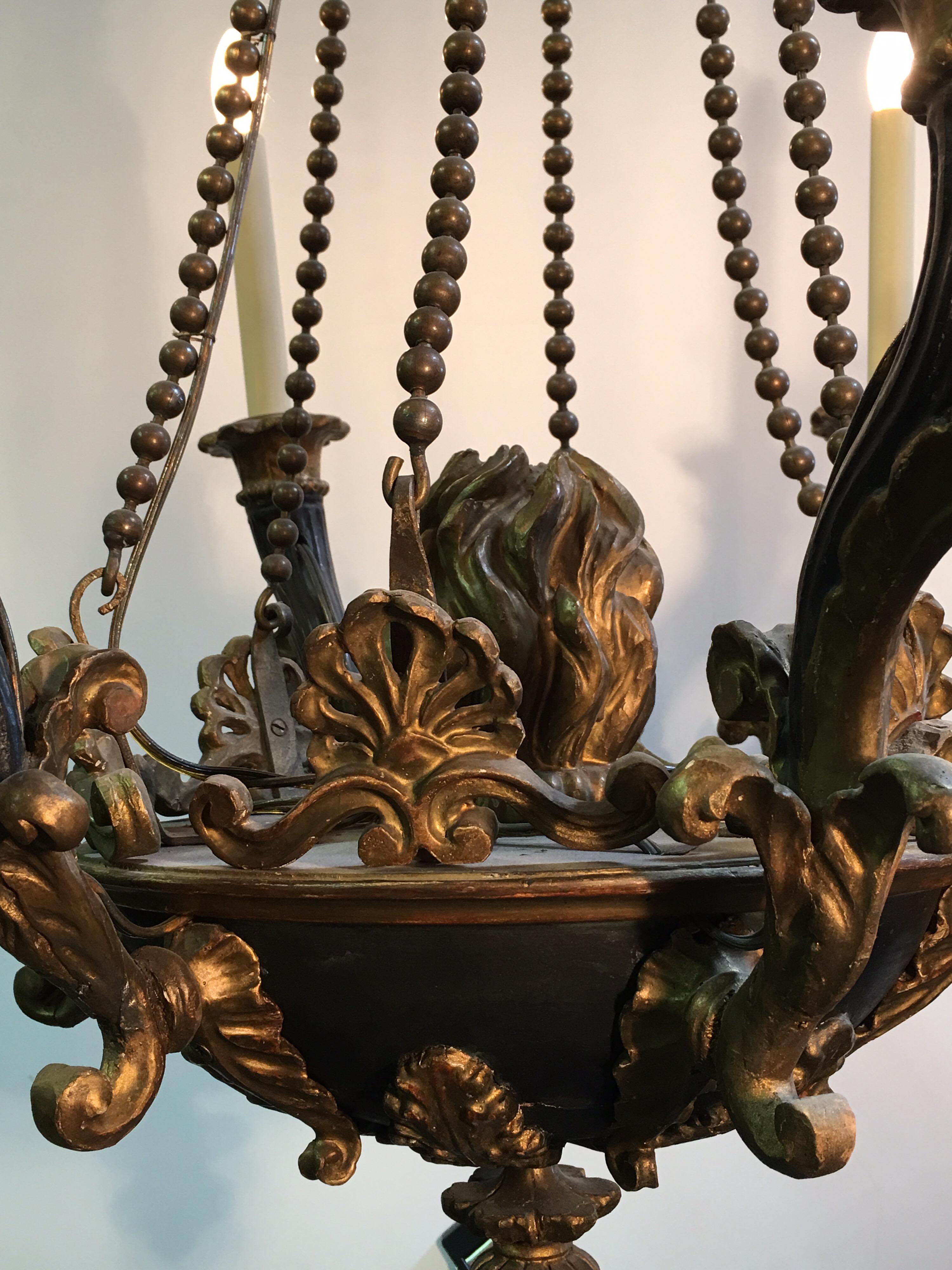 Italian Neoclassical Carved Wood and Bronze Chandelier In Good Condition For Sale In Dallas, TX