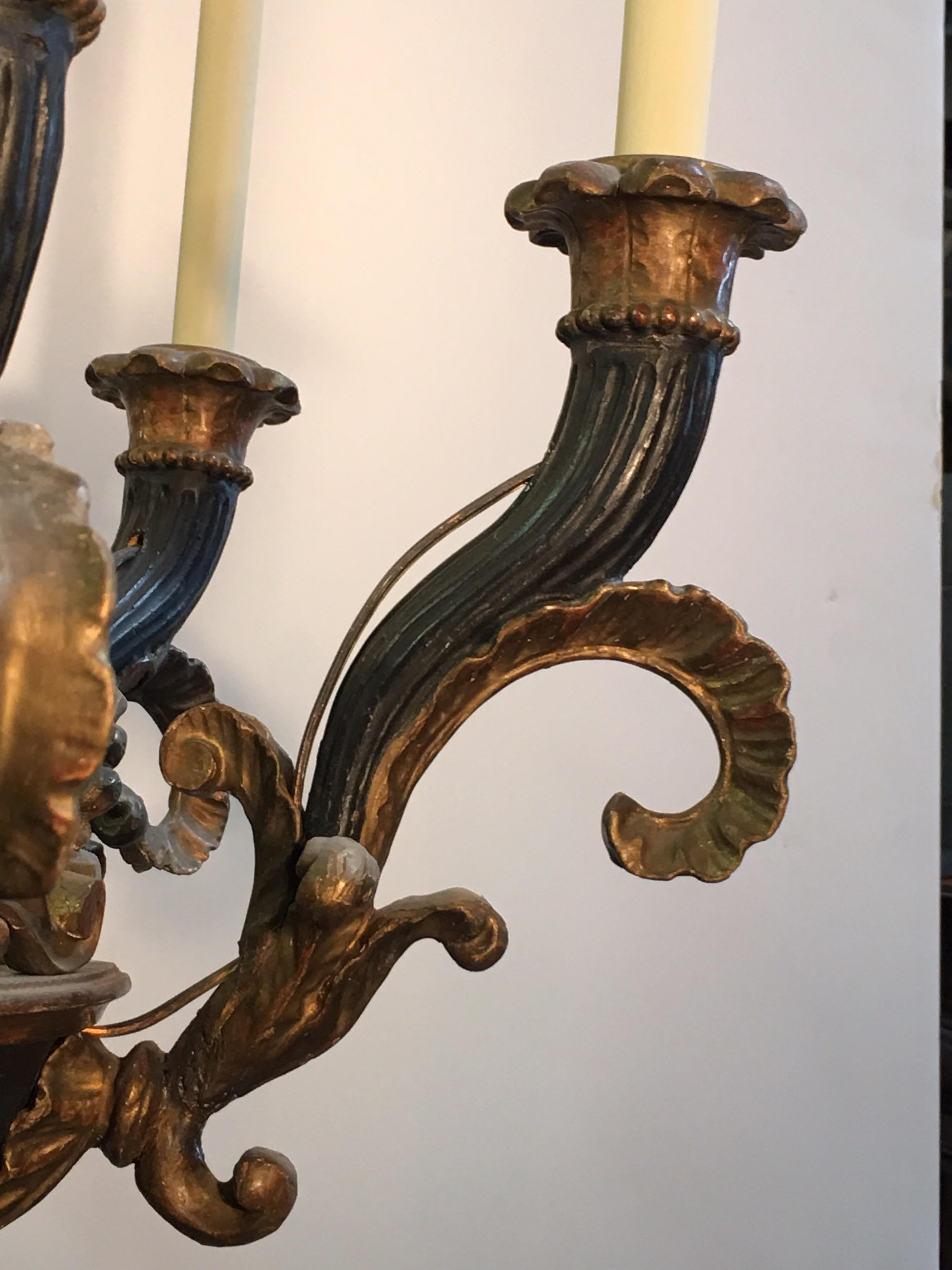 Italian Neoclassical Carved Wood and Bronze Chandelier For Sale 3