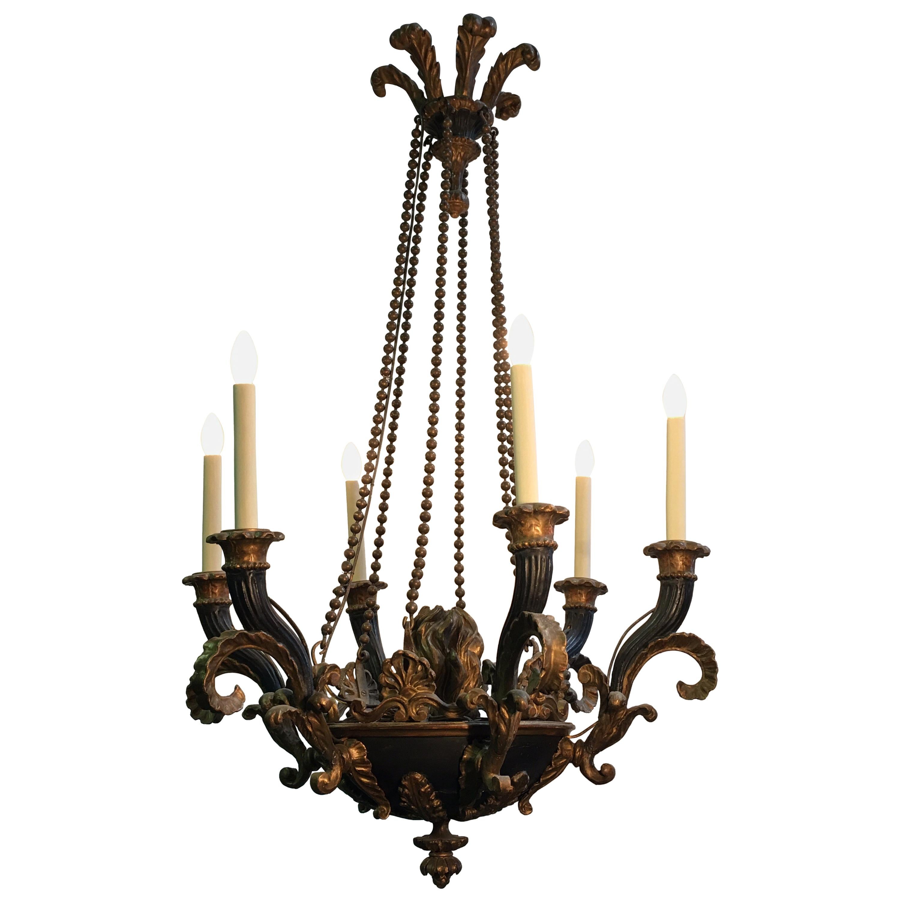 Italian Neoclassical Carved Wood and Bronze Chandelier For Sale