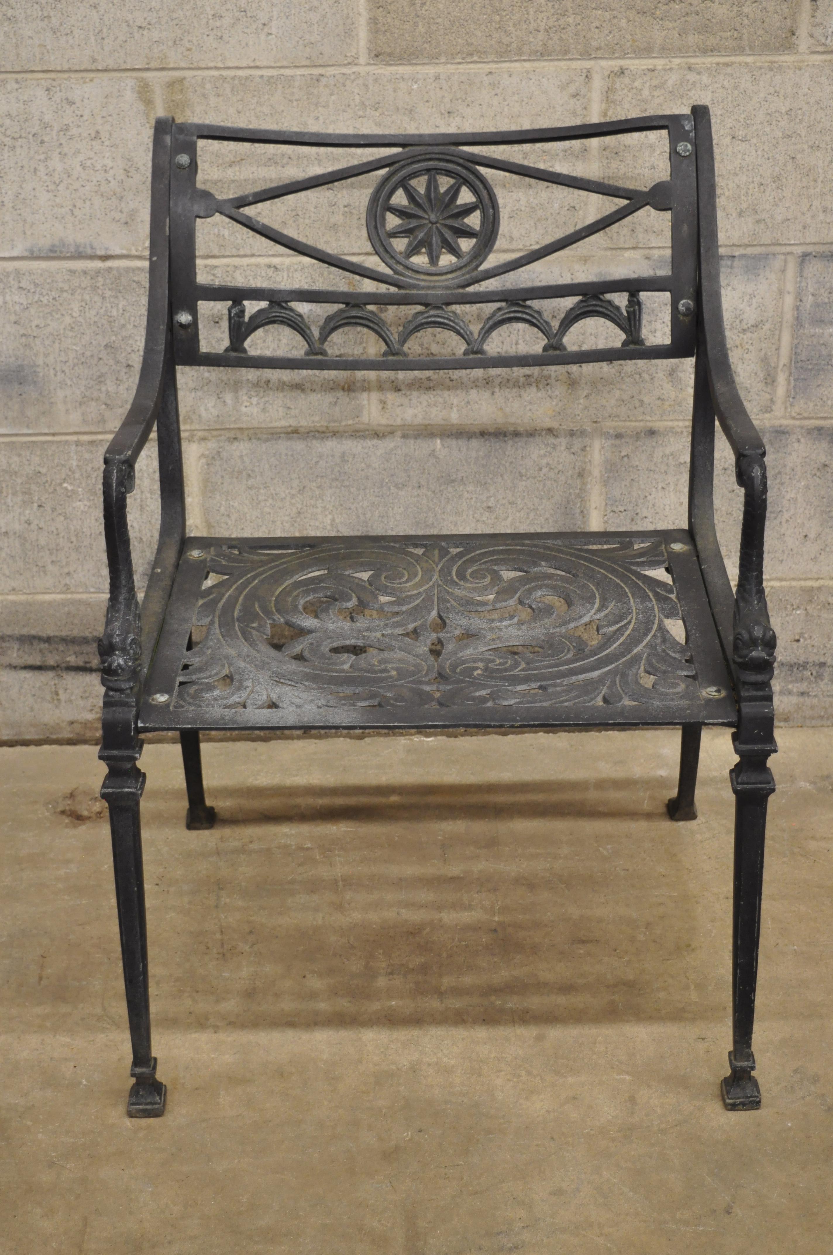Italian neoclassical style cast aluminum swan patio armchair attributed to Molla. Listing features heavy cast aluminum construction, pierced filigree design seat, tapered legs, swan accents, quality craftsmanship, great style and form. Maker