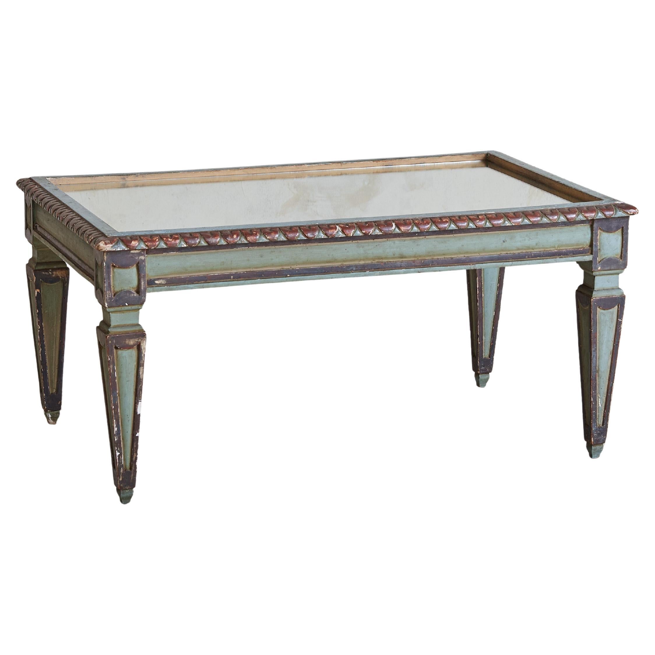 Italian Neoclassical Coffee Table with Fluted Legs + Mirrored Top, 1930s