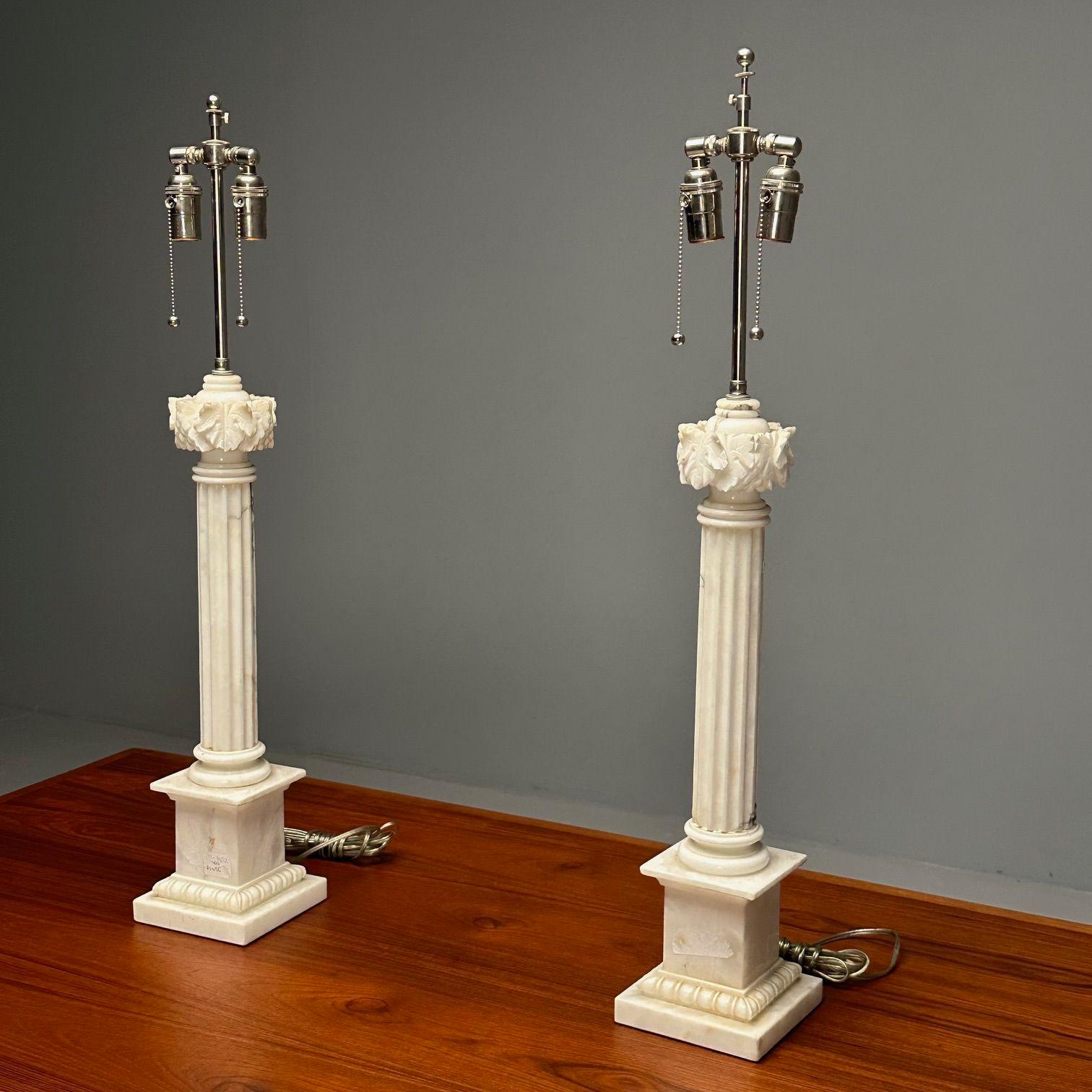 Italian Neoclassical, Column Motif Table Lamps, Marble, Italy, 1950s In Good Condition For Sale In Stamford, CT