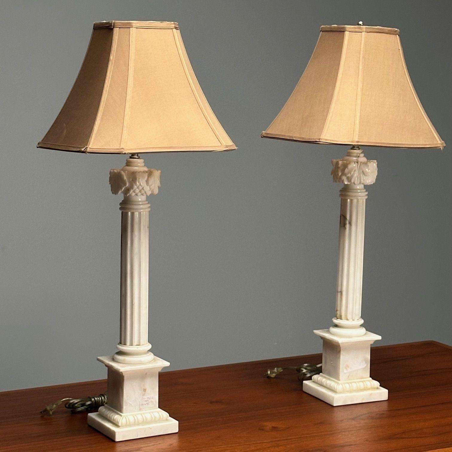 Carrara Marble Italian Neoclassical, Column Motif Table Lamps, Marble, Italy, 1950s For Sale