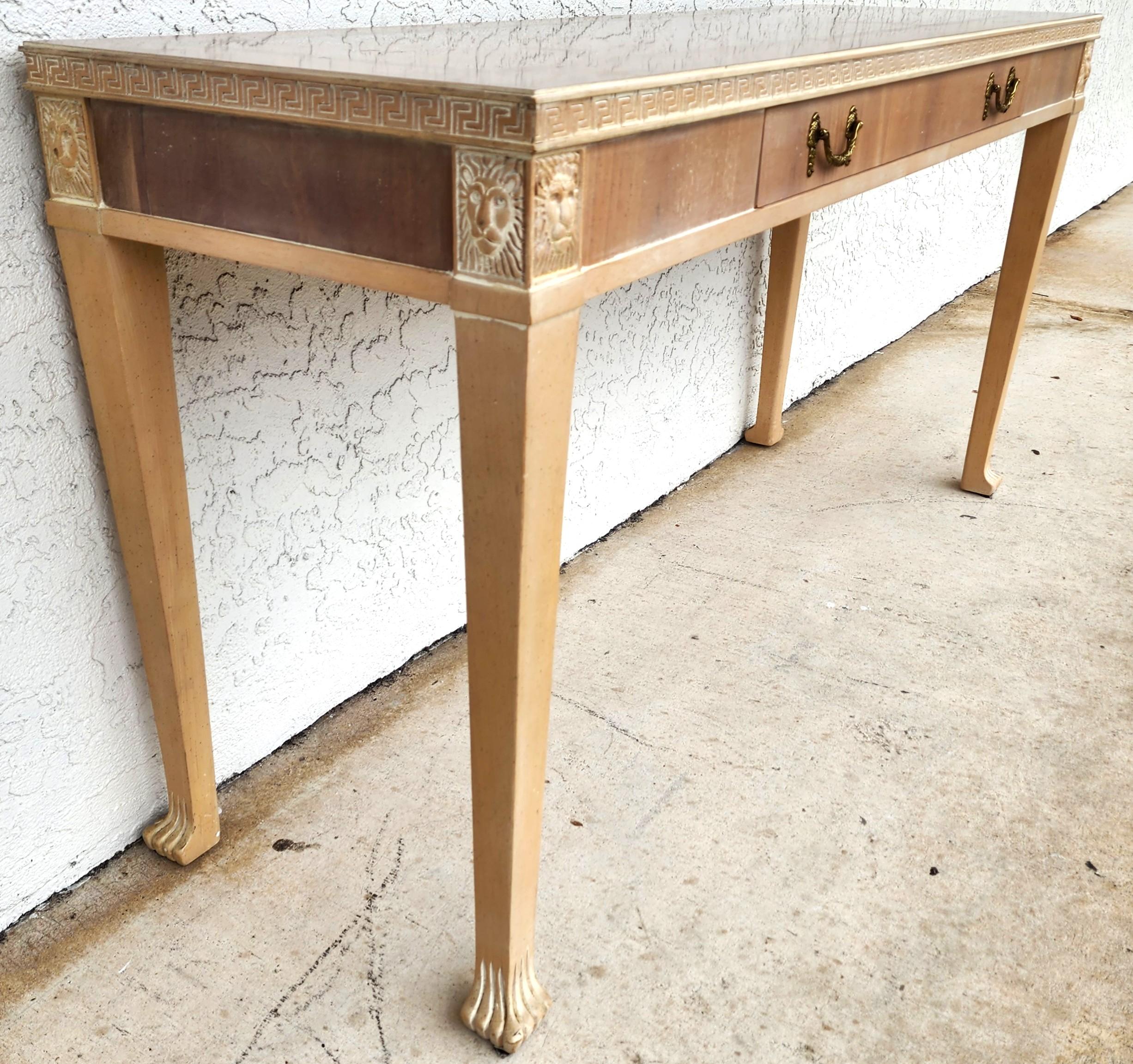 Italian Neoclassical Console Table Lion Heads Greek Key Vintage In Good Condition For Sale In Lake Worth, FL