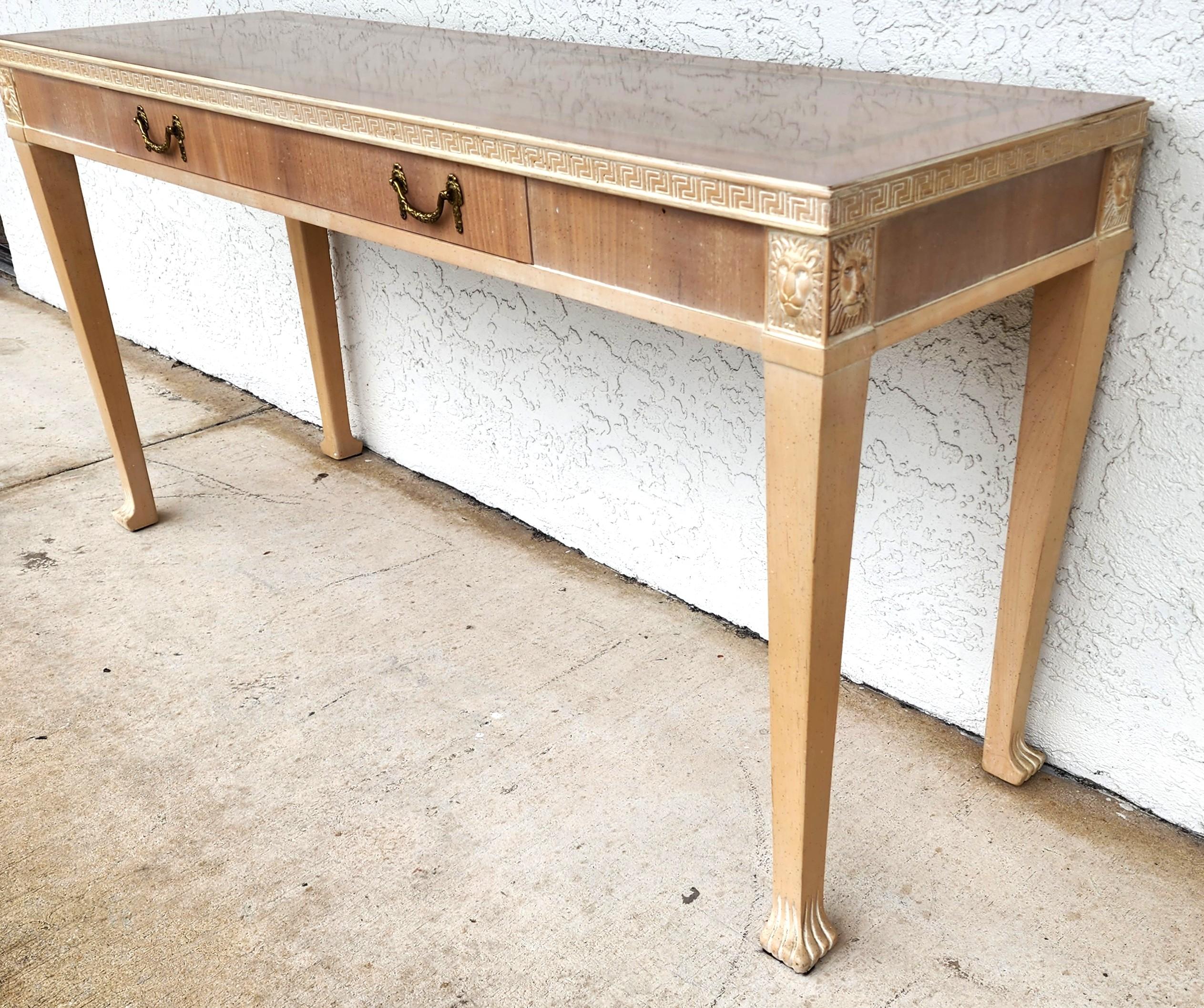 Late 20th Century Italian Neoclassical Console Table Lion Heads Greek Key Vintage For Sale