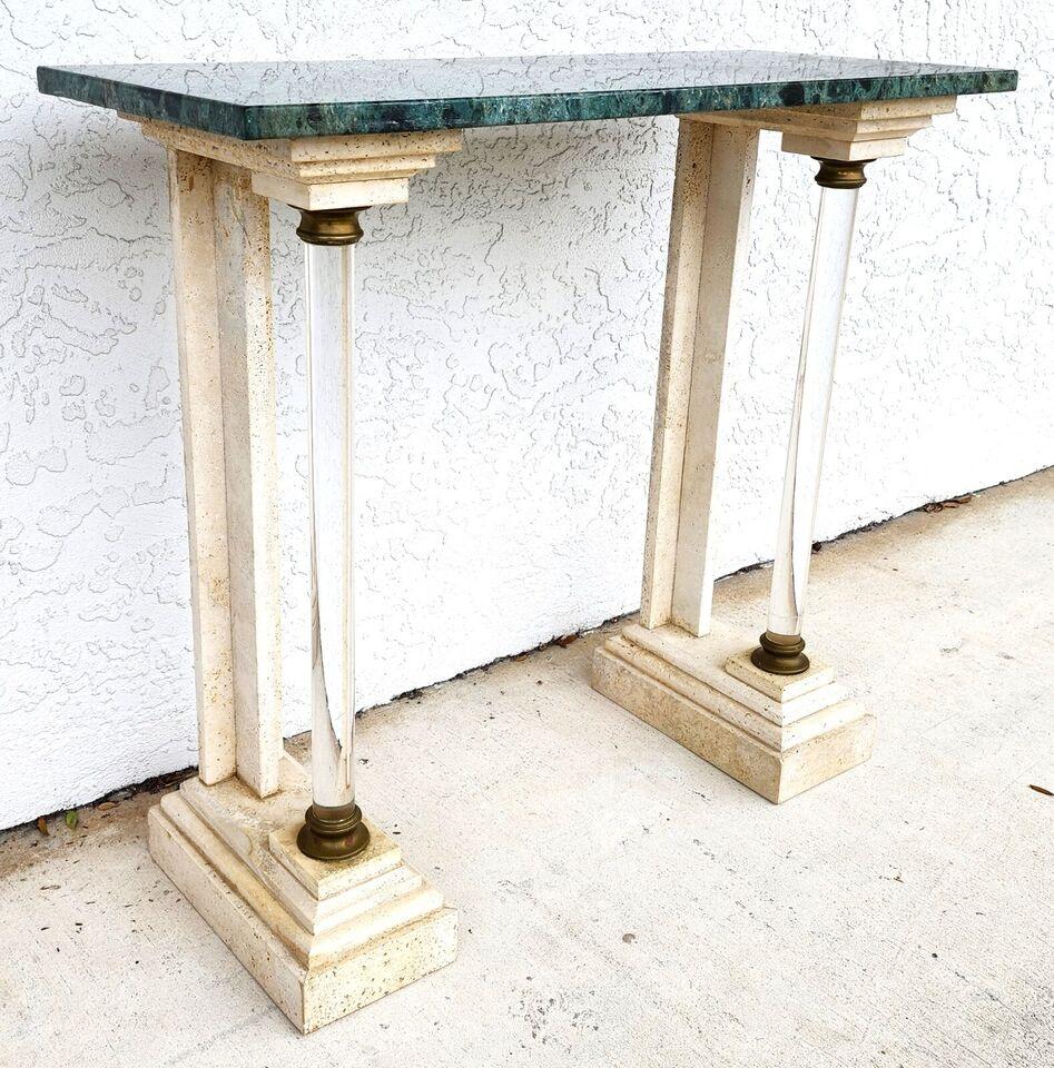 For FULL item description click on CONTINUE READING at the bottom of this page.

Offering One Of Our Recent Palm Beach Estate Fine Furniture Acquisitions Of A
Vintage 1970s Italian Neoclassical Console Table 
With Lucite Columns with Brass Collars