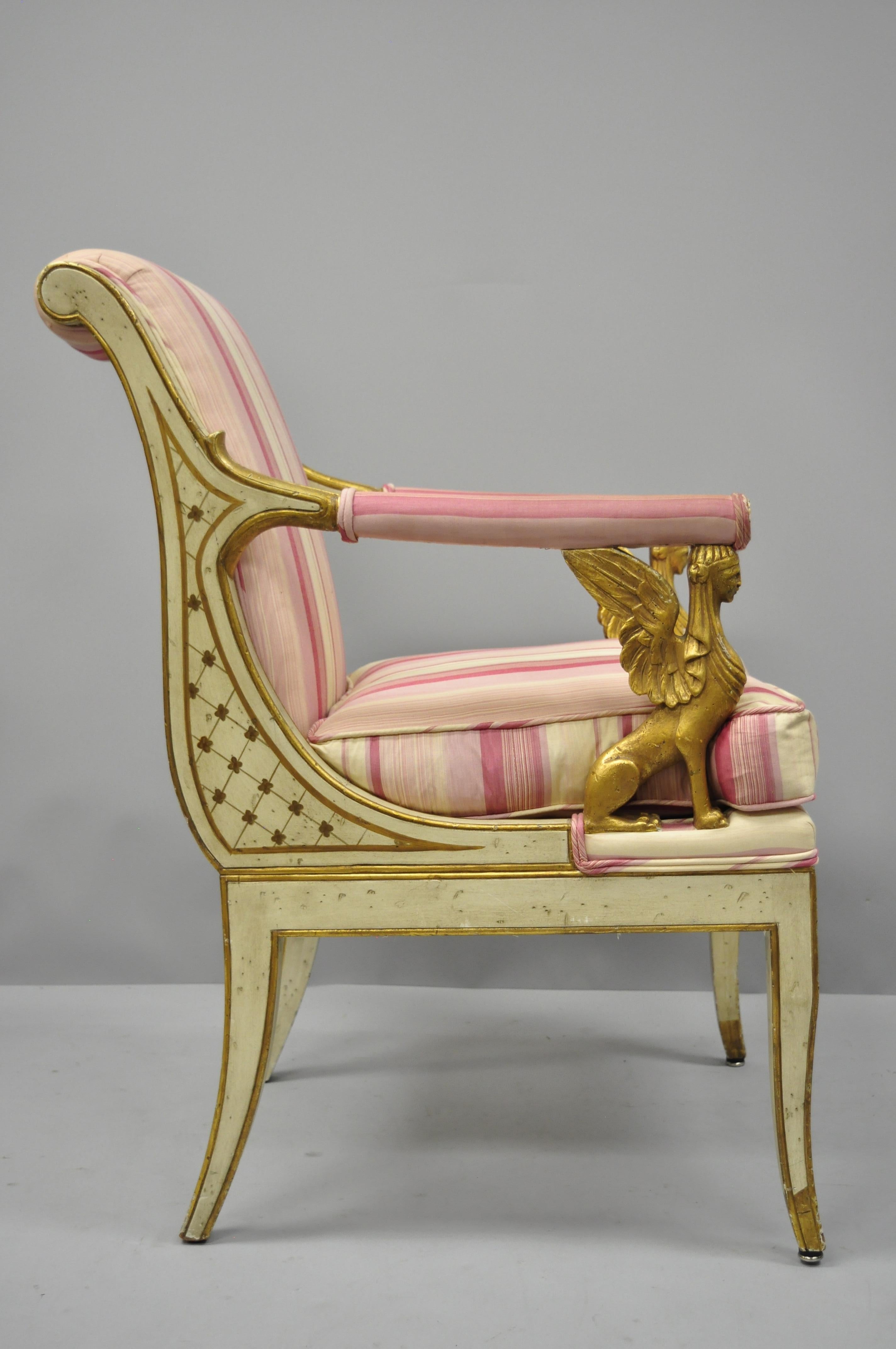 French Italian Neoclassical Cream and Gold Parcel Gilt Armchair Winged Maiden Griffins For Sale