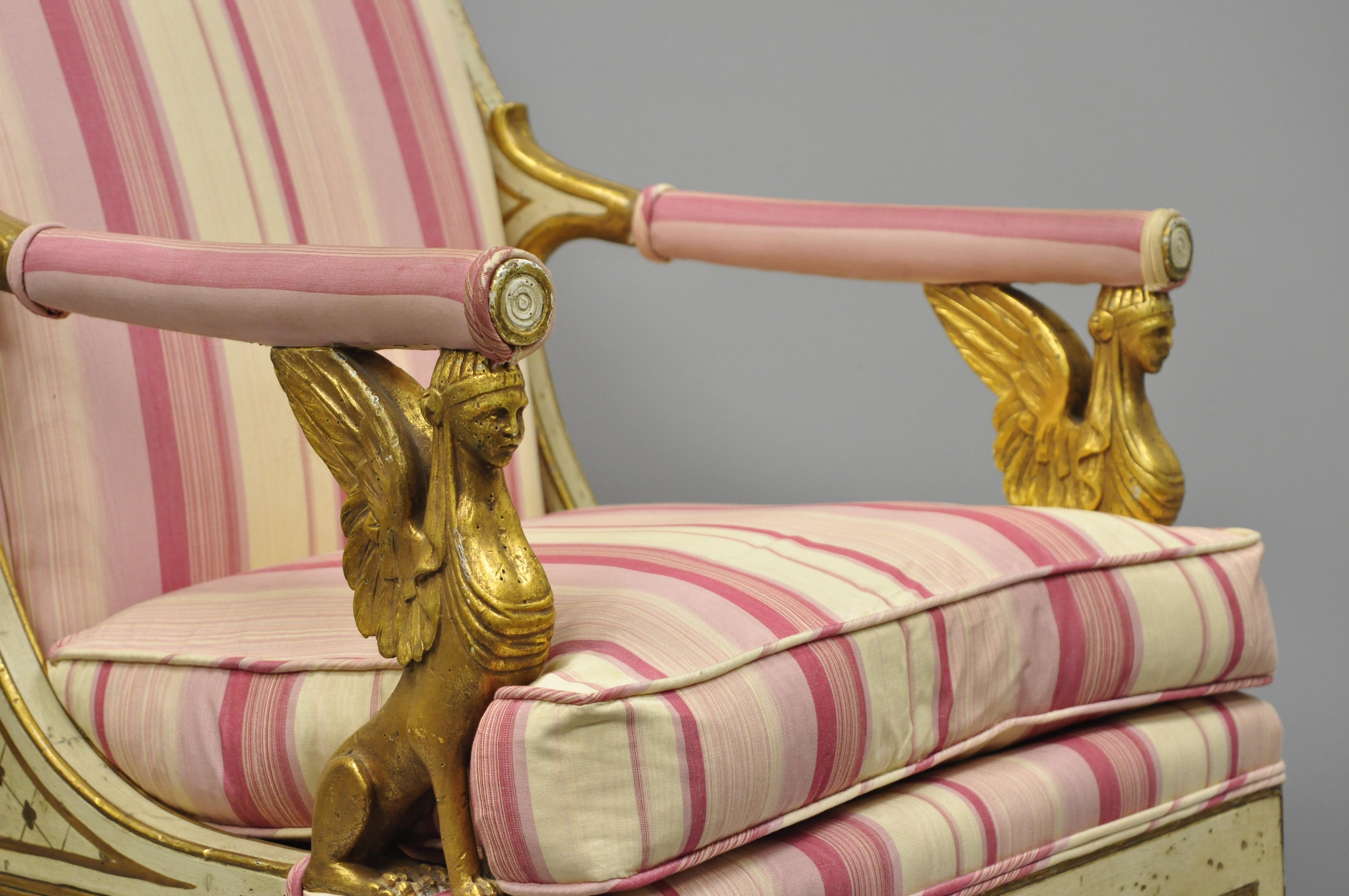 20th Century Italian Neoclassical Cream and Gold Parcel Gilt Armchair Winged Maiden Griffins For Sale