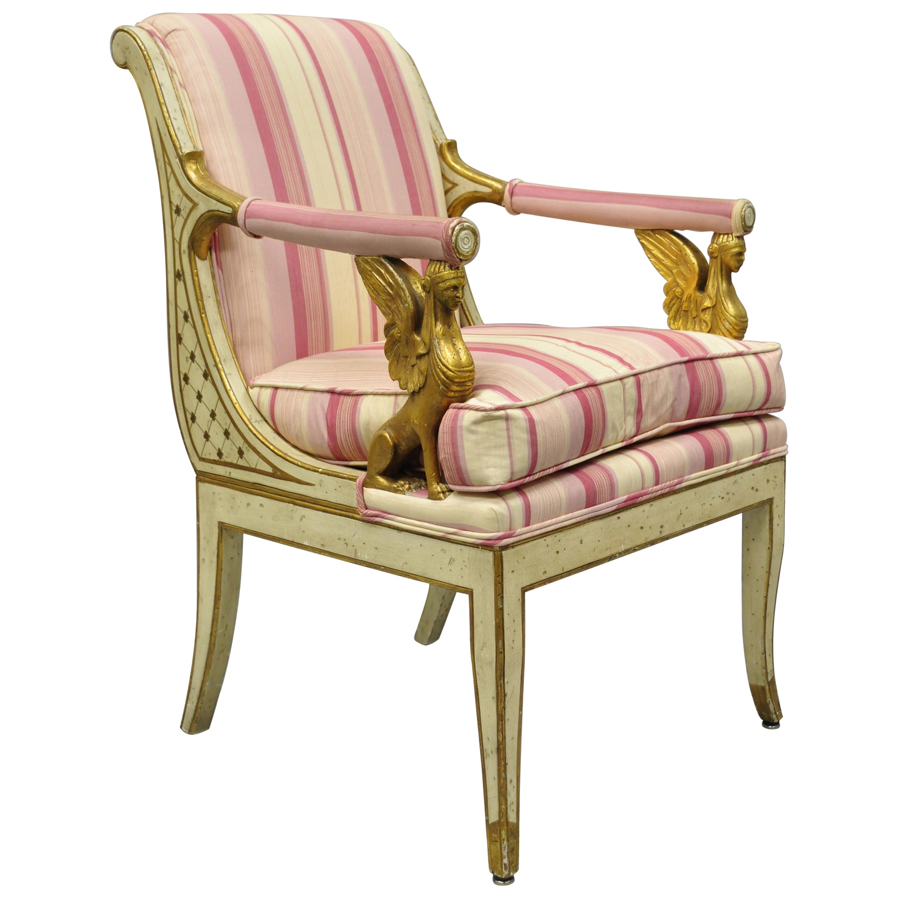 Italian Neoclassical Cream and Gold Parcel Gilt Armchair Winged Maiden Griffins