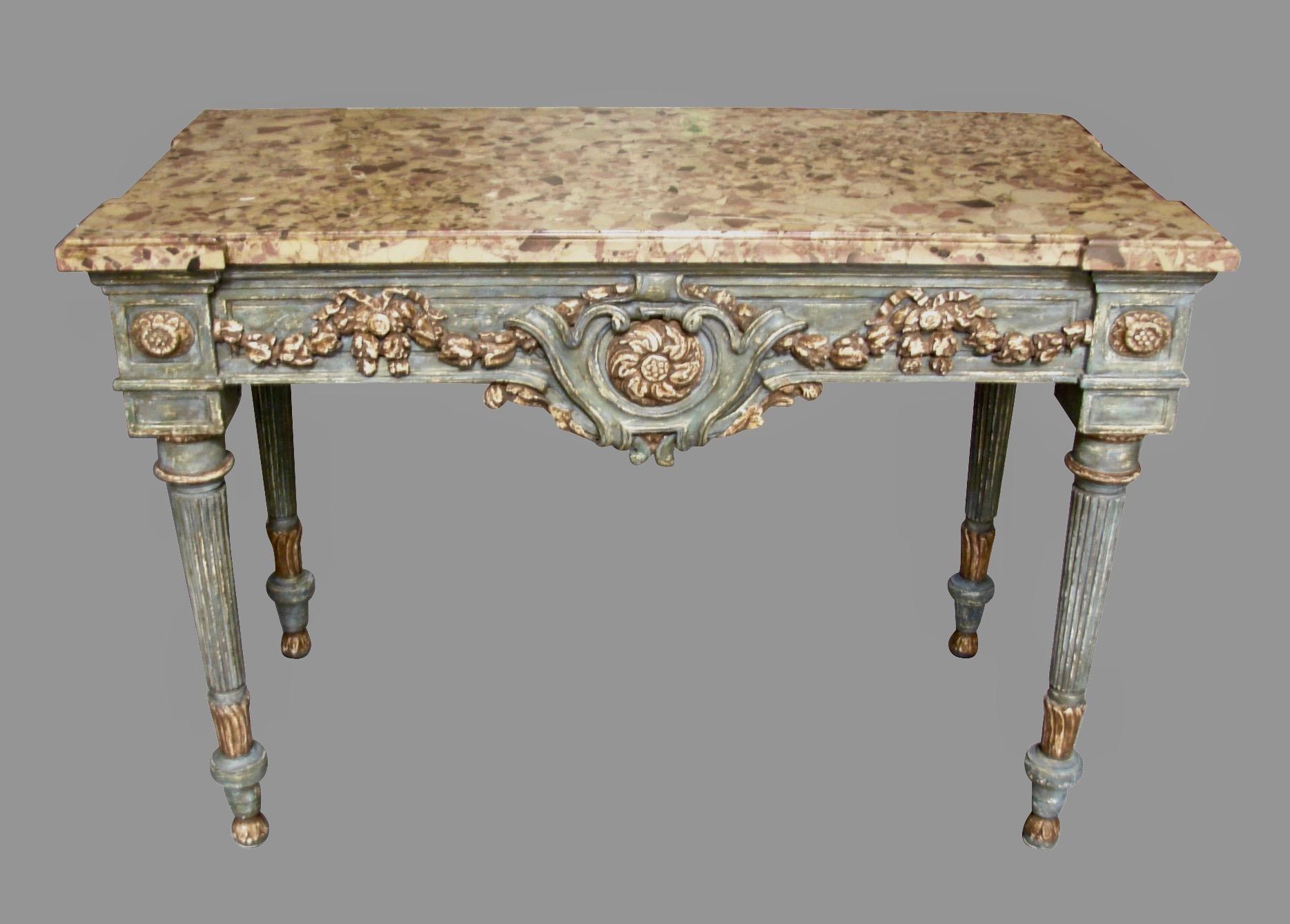 18th Century Italian Neoclassical Cream and Grey Painted Marble Top Console Table
