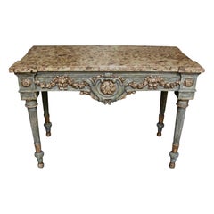 Table console néoclassique italienne crème et grise avec plateau en marbre peint