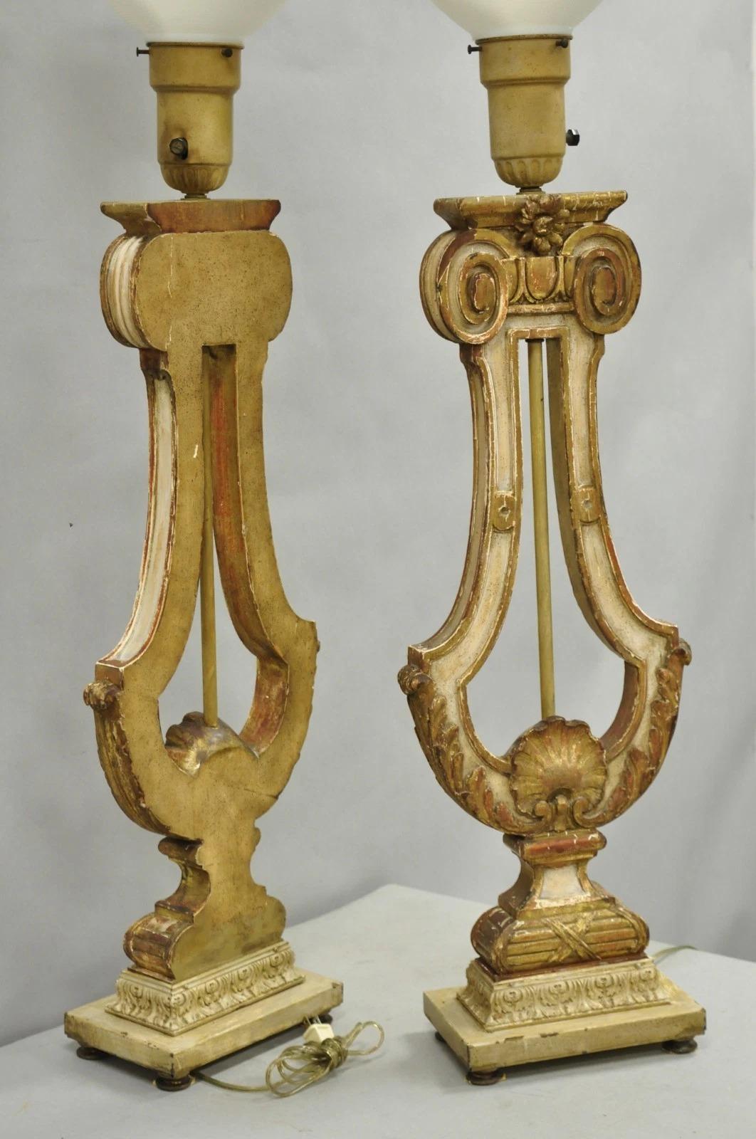 Italian Neoclassical Cream & Gold Gilt Carved Wood Harp Column Table Lamp - Pair For Sale 4