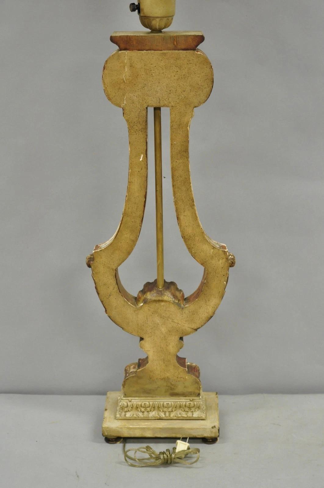 Italian Neoclassical Cream & Gold Gilt Carved Wood Harp Column Table Lamp - Pair For Sale 5