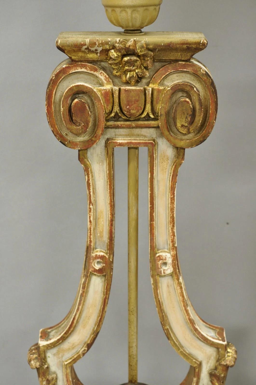 Italian Neoclassical Cream & Gold Gilt Carved Wood Harp Column Table Lamp - Pair For Sale 6