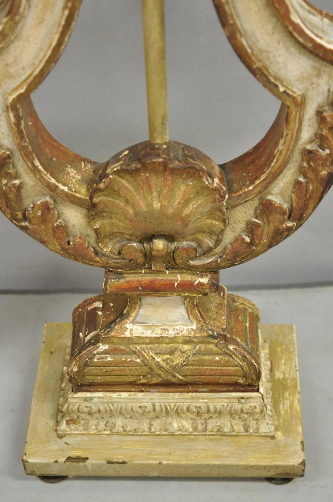 Italian Neoclassical Cream & Gold Gilt Carved Wood Harp Column Table Lamp - Pair For Sale 7