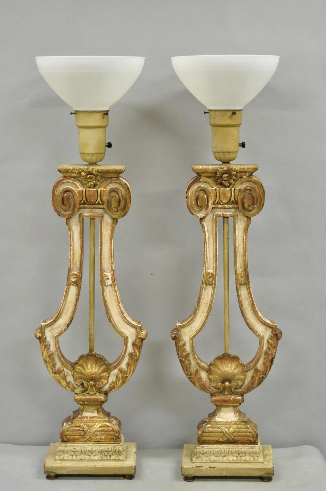 Italian Neoclassical Cream & Gold Gilt Carved Wood Harp Column Table Lamp - Pair For Sale 8
