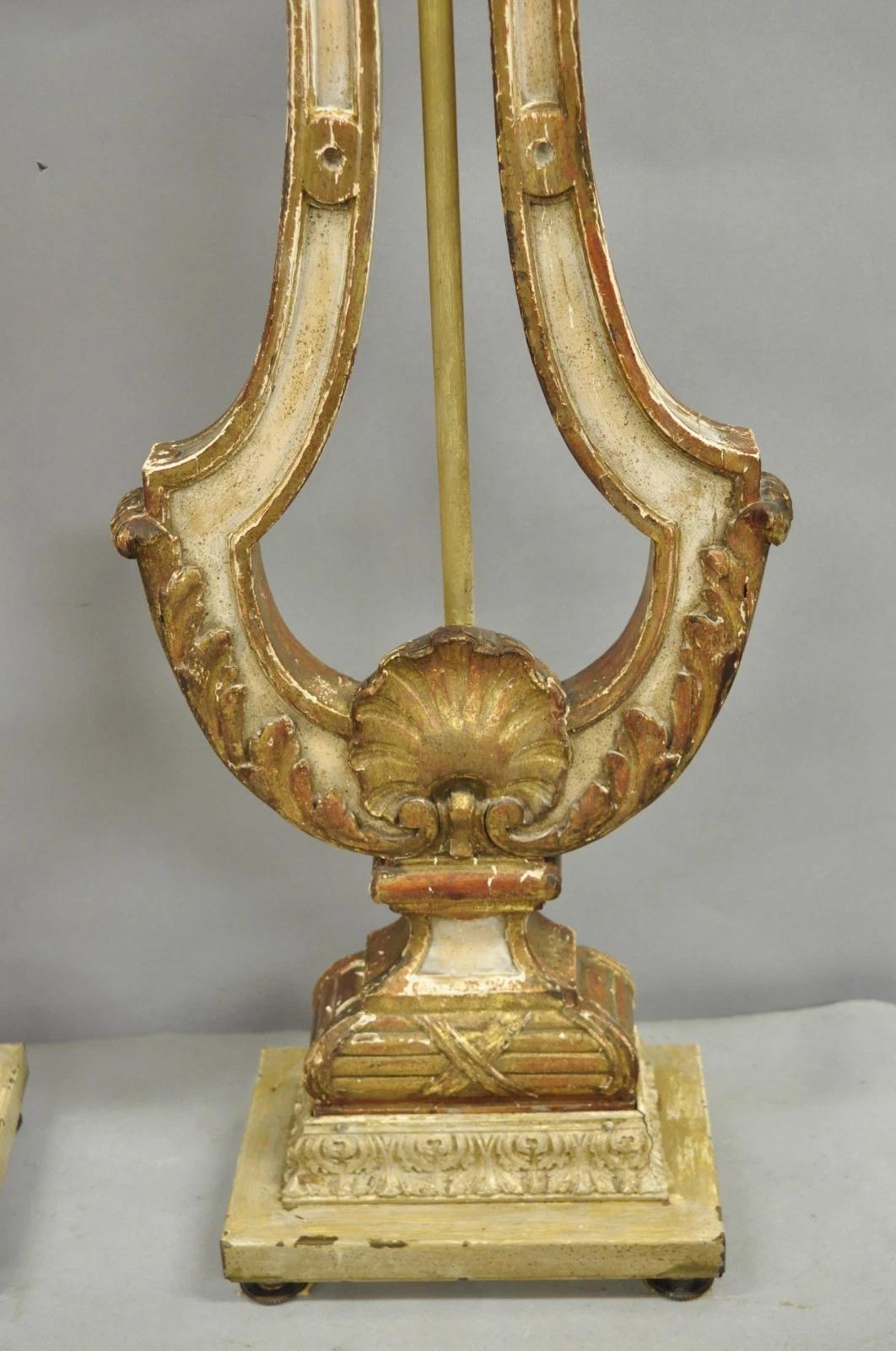 20th Century Italian Neoclassical Cream & Gold Gilt Carved Wood Harp Column Table Lamp - Pair For Sale