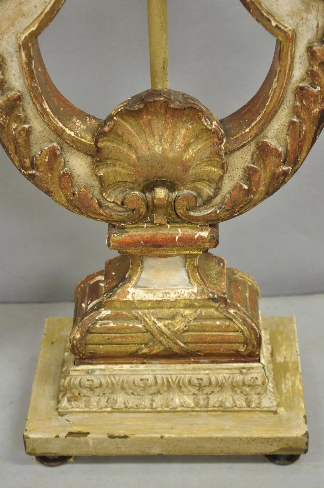 Metal Italian Neoclassical Cream & Gold Gilt Carved Wood Harp Column Table Lamp - Pair For Sale