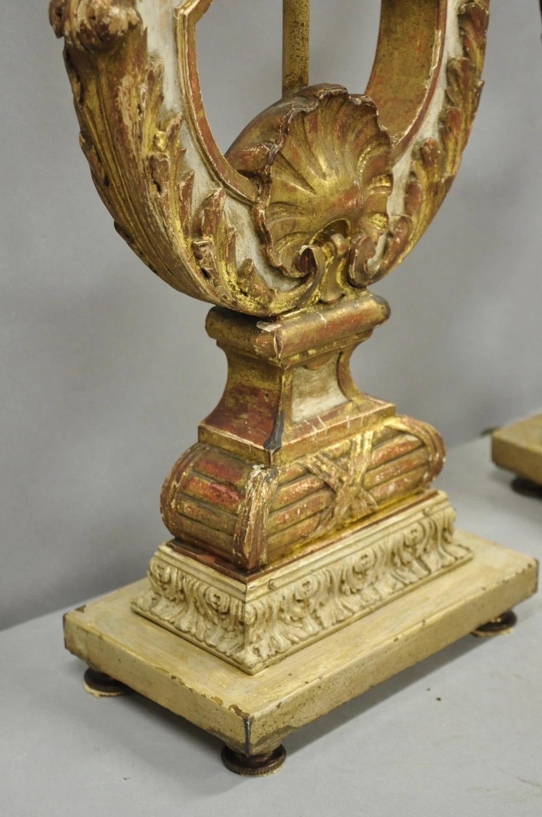 Italian Neoclassical Cream & Gold Gilt Carved Wood Harp Column Table Lamp - Pair For Sale 2
